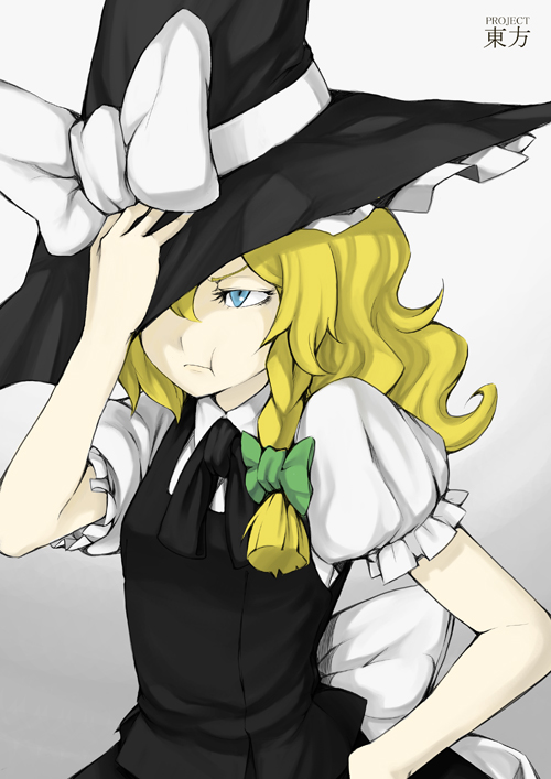 gajuumaru, kirisame marisa, touhou, 1girl, :t, angry, blonde hair, blue eyes, braid, female focus, gradient background, hand on headwear, hat, pout, short hair, solo, witch, witch hat