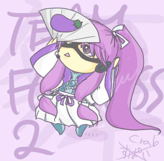 naa (vitamin), vitamin, kamui gakupo, spy (tf2), team fortress 2, vocaloid, lowres, 1boy, chibi, hand fan, headset, long hair, male focus, mask, parody, ponytail, purple eyes, purple hair, purple theme, solo