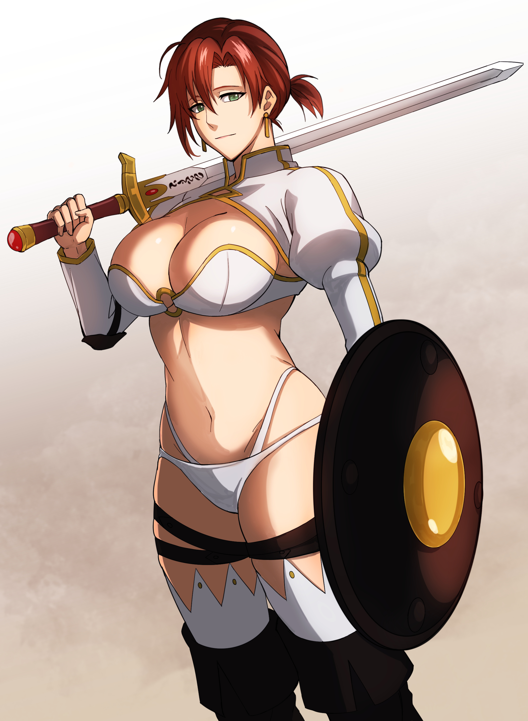 hao718, boudica (fate), fate/grand order, fate (series), absurdres, highres, 1girl, armor, bikini, bikini armor, boots, boudica (first ascension) (fate), breasts, cleavage, green eyes, large breasts, long sleeves, looking at viewer, navel, o-ring, ponytail, red hair, shield, short hair, short ponytail, shrug (clothing), swimsuit, sword, thigh boots, thigh strap, thighs, weapon, white bikini
