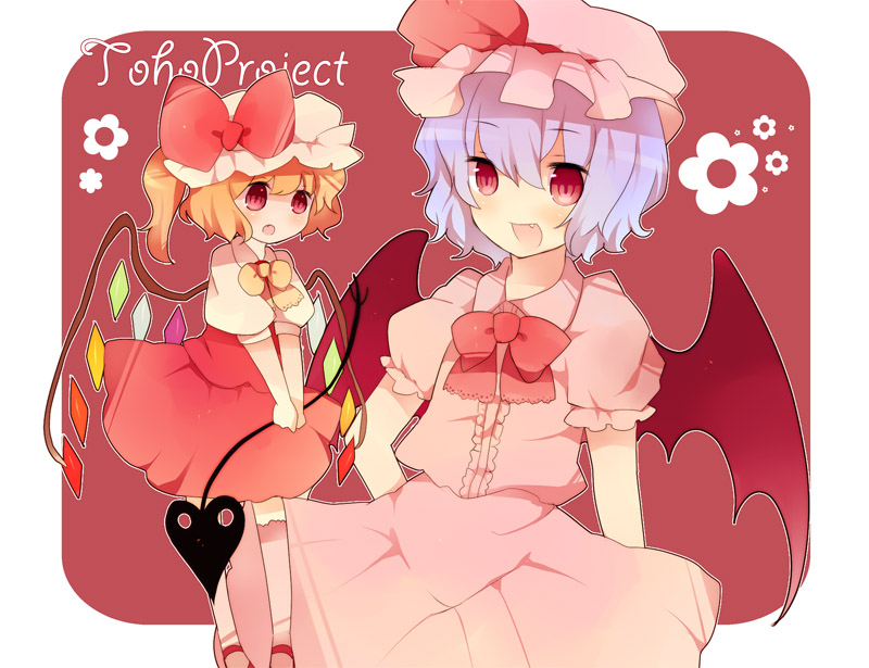 miyako (xxxbibit), myk, flandre scarlet, remilia scarlet, touhou, 2girls, bat wings, blonde hair, blue hair, copyright name, female focus, hat, laevatein, multiple girls, red eyes, ribbon, short hair, siblings, sisters, wings