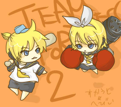 naa (vitamin), vitamin, heavy (tf2), kagamine len, kagamine rin, scout (tf2), team fortress 2, vocaloid, headwear request, lowres, 1boy, 1girl, bandolier, baseball bat, belt, blonde hair, blue eyes, boxing gloves, brother and sister, bullet, chibi, gatling gun, gun, hair ribbon, hat, headset, holding, holding baseball bat, minigun, necktie, parody, ribbon, short shorts, shorts, siblings, twins, weapon, yellow necktie