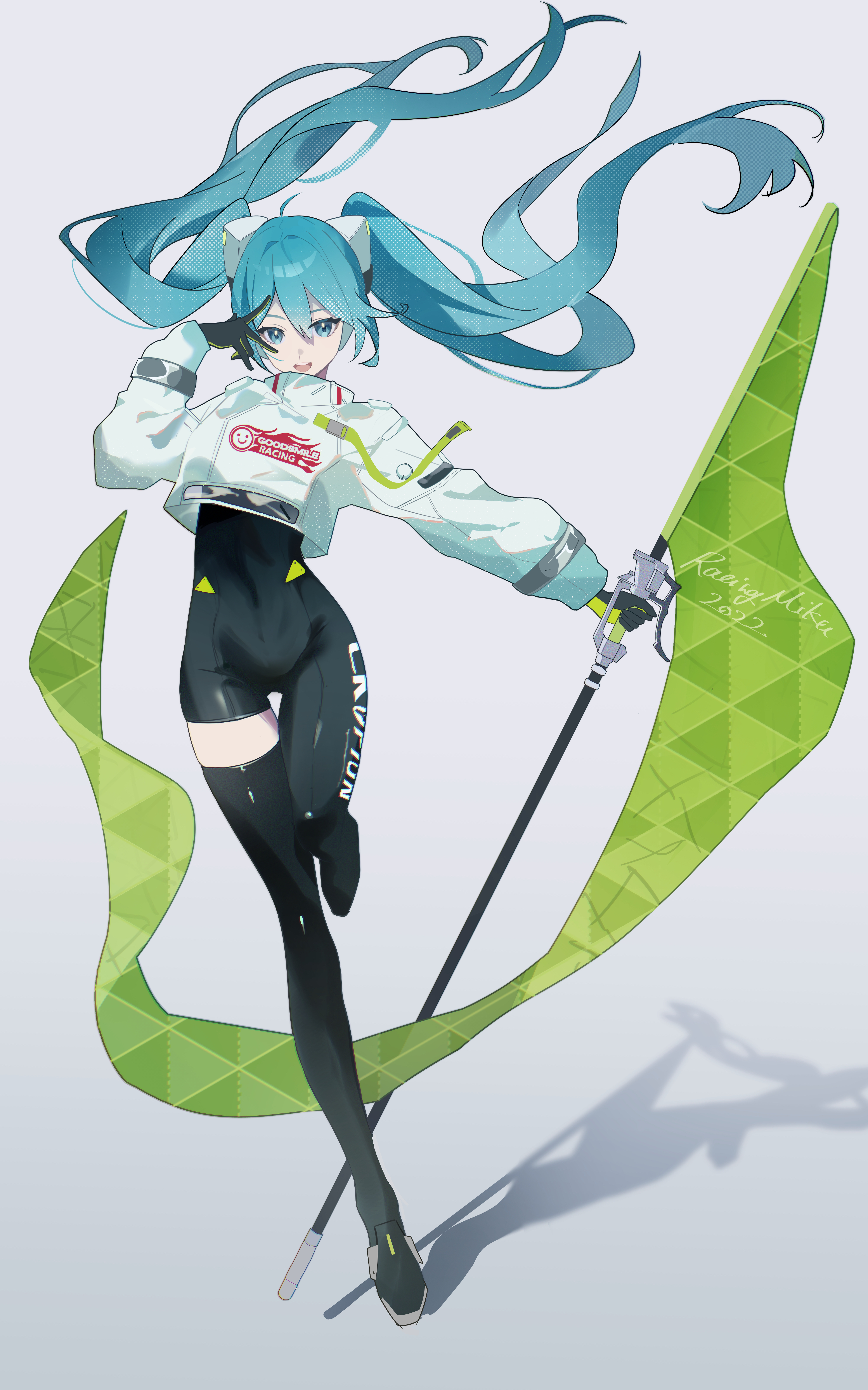 konikoni1002, hatsune miku, racing miku, racing miku (2022), goodsmile company, goodsmile racing, vocaloid, absurdres, highres, 1girl, aqua eyes, aqua hair, asymmetrical legwear, black bodysuit, black gloves, black thighhighs, bodysuit, covered navel, flag, full body, gloves, grey background, hair between eyes, hair ornament, holding, holding flag, jacket, long hair, looking at viewer, open mouth, shadow, simple background, single thighhigh, solo, thighhighs, twintails, white jacket