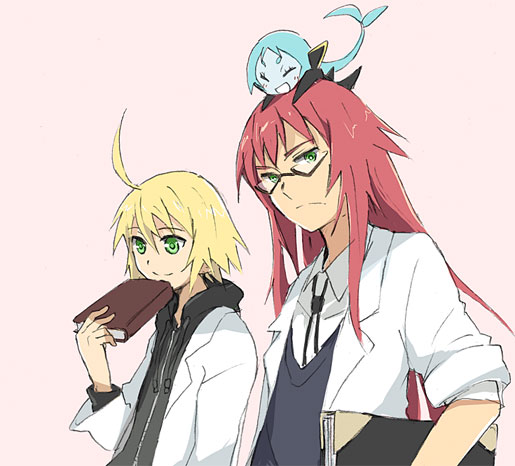 aqua (tales), aqua (tales of symphonia), aster (tales of symphonia), richter abend, tales of (series), tales of symphonia, tales of symphonia: dawn of the new world, uniform, 00s, 1girl, 2boys, aster laker, blonde hair, blue hair, book, glasses, green eyes, long hair, multiple boys, red hair, smile