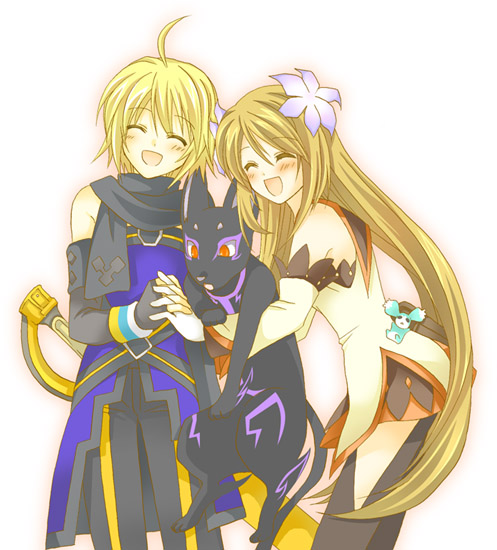 emil castagnier, marta lualdi, tenebrae (tales), tales of (series), tales of symphonia, tales of symphonia: dawn of the new world, 00s, blonde hair, brown hair, flower, gloves, hair ornament, hug, long hair, red eyes, scarf, smile