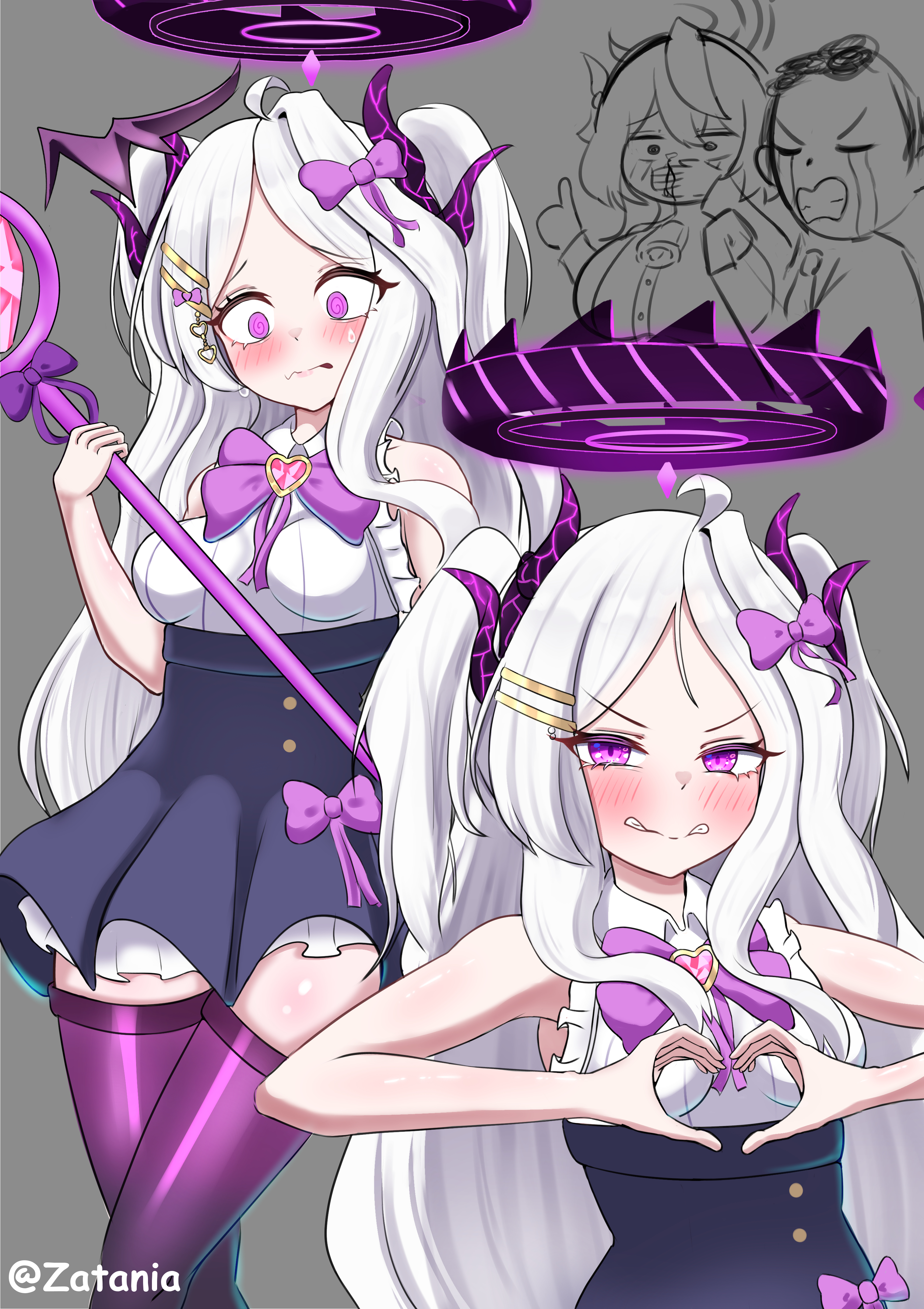 ako (blue archive), doodle sensei (blue archive), hina (blue archive), sensei (blue archive), blue archive, absurdres, highres, 1boy, 1girl, ahoge, black halo, black thighhighs, blush, breasts, crying, demon girl, demon horns, halo, heart, heart hands, horns, long hair, magical girl, purple eyes, purple ribbon, ribbon, small breasts, thighhighs, thighs, very long hair, white hair, zatania
