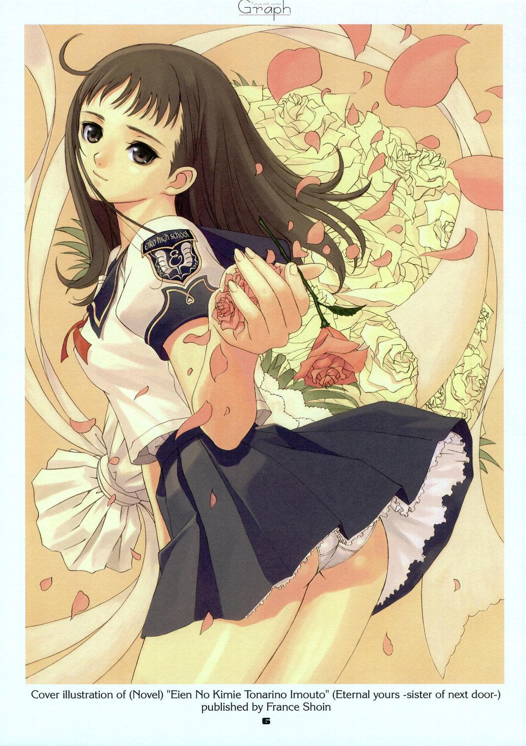 tony taka, eien no kimi e tonari no imouto, highres, scan, ass, brown eyes, brown hair, flower, long hair, panties, pantyshot, petals, rose, school uniform, solo, underwear, white panties, wind, wind lift