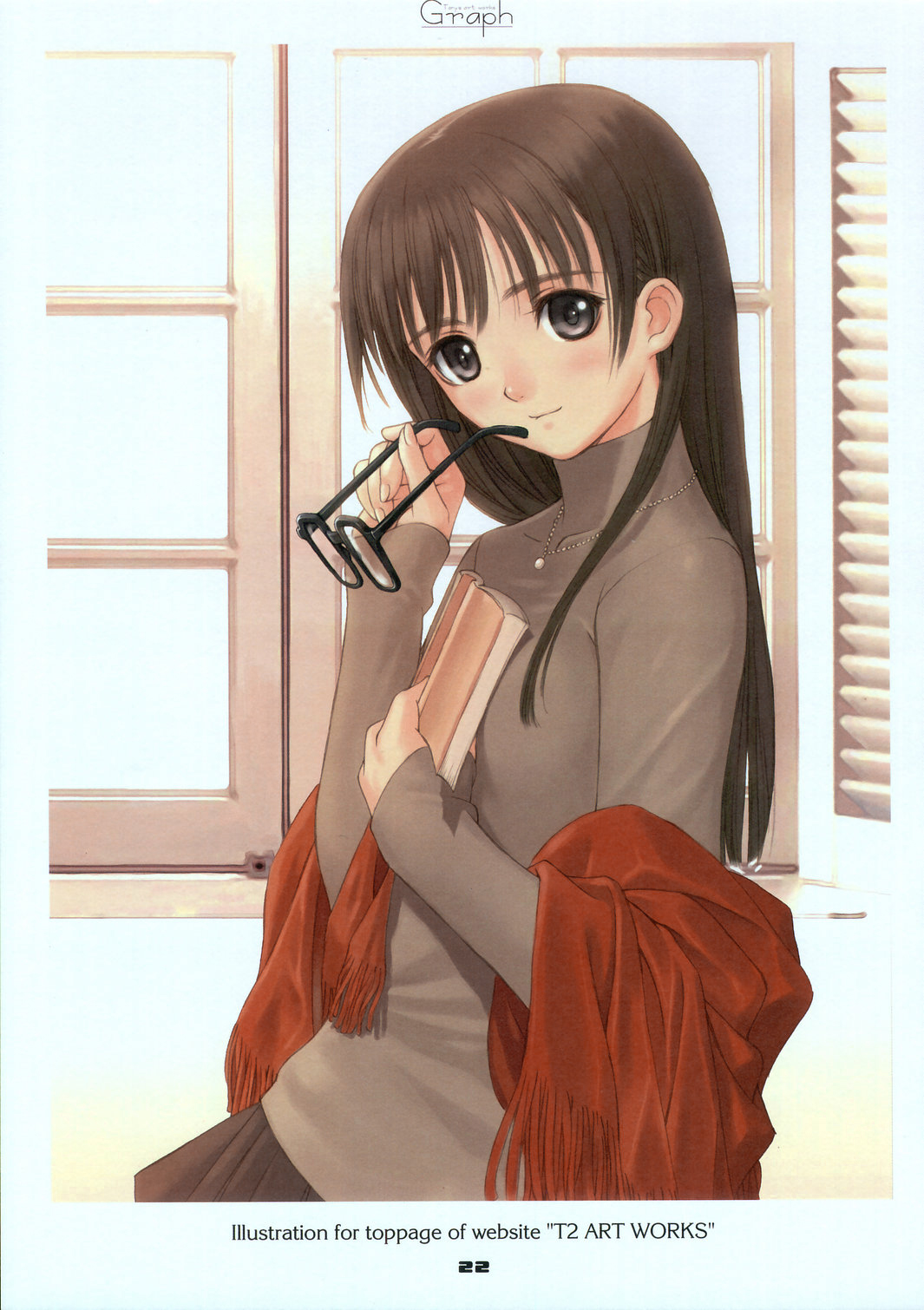 tony taka, highres, blush, brown eyes, brown hair, glasses, holding, holding removed eyewear, jewelry, long hair, necklace, scarf, solo, unworn eyewear