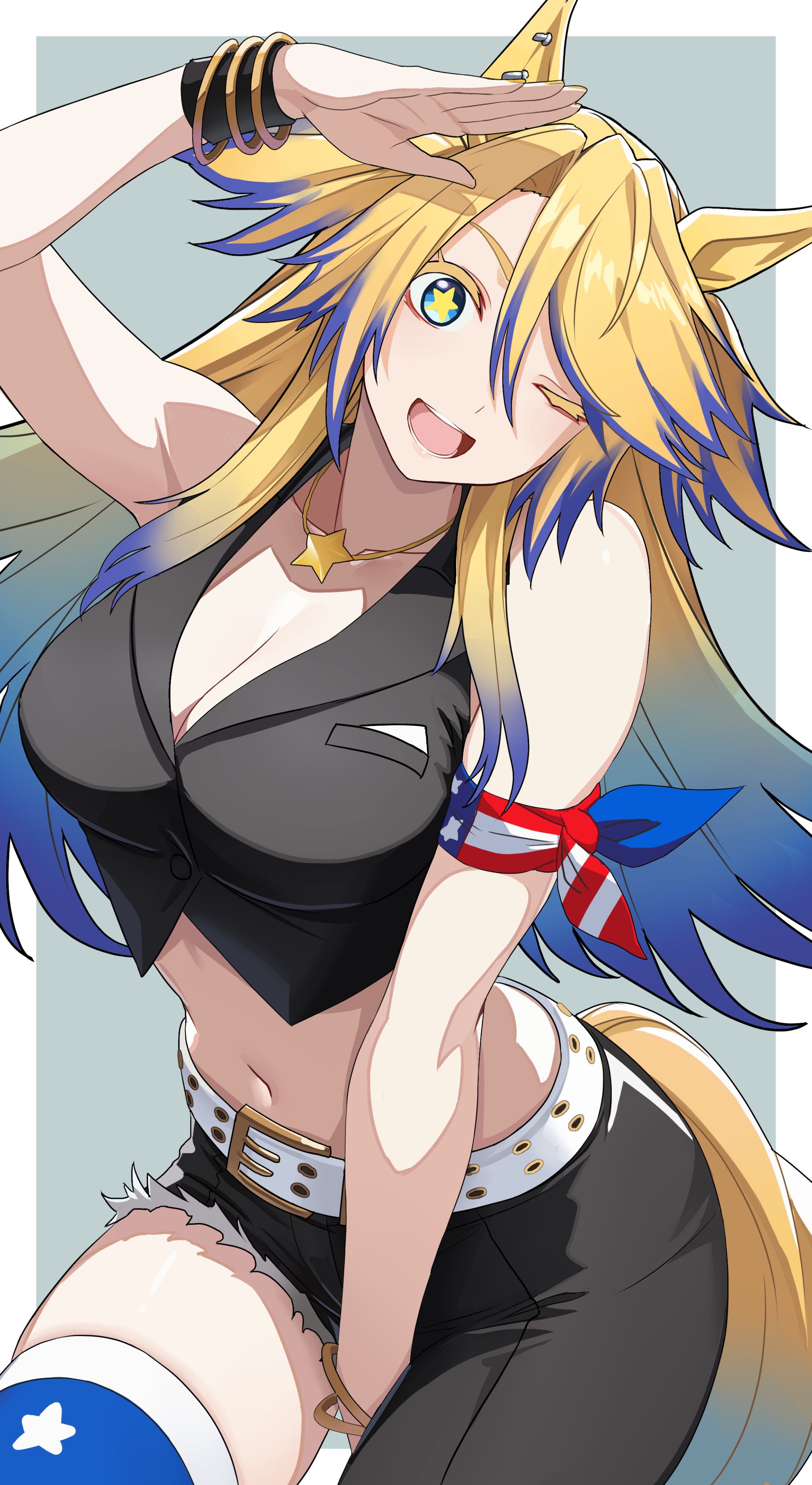reibun (raven1119), obey your master (umamusume), umamusume, umamusume: cinderella gray, absurdres, highres, 1girl, american flag legwear, animal ears, arm ribbon, asymmetrical pants, belt, black vest, blonde hair, blue eyes, blue hair, breasts, cleavage, earrings, horse ears, horse girl, horse tail, jewelry, multicolored hair, necklace, one eye closed, open mouth, ribbon, smile, solo, star (symbol), star in eye, star necklace, striped hair, symbol in eye, tail, two-tone hair, vest, white belt