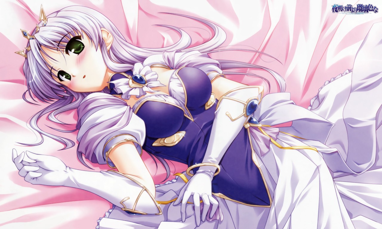 bekkankou, feena fam earthlight, yoake mae yori ruri iro na, light purple hair, bed sheet, blush, crown, dress, elbow gloves, gloves, green eyes, long hair, lying, on back, pink hair, ribbon, solo, tiara