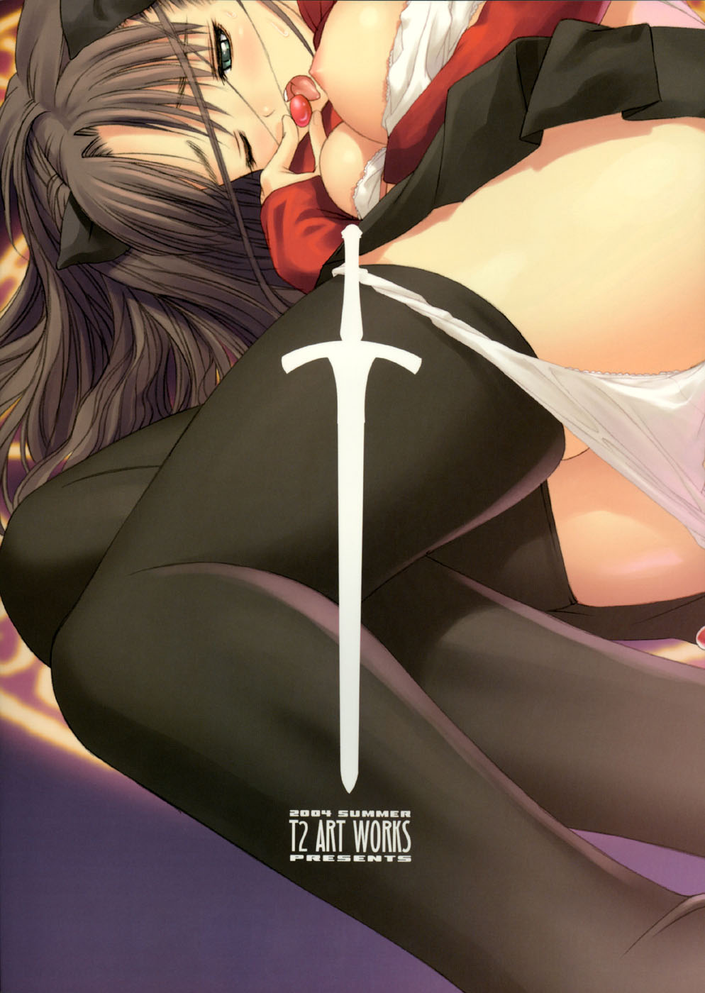 tony taka, tohsaka rin, fate/stay night, fate (series), highres, 00s, 1girl, artistic error, black thighhighs, blush, breasts, brown hair, female focus, green eyes, large breasts, legs, long hair, long legs, nipples, panties, panty pull, solo, thighhighs, thighs, underwear, wrong hand, zettai ryouiki