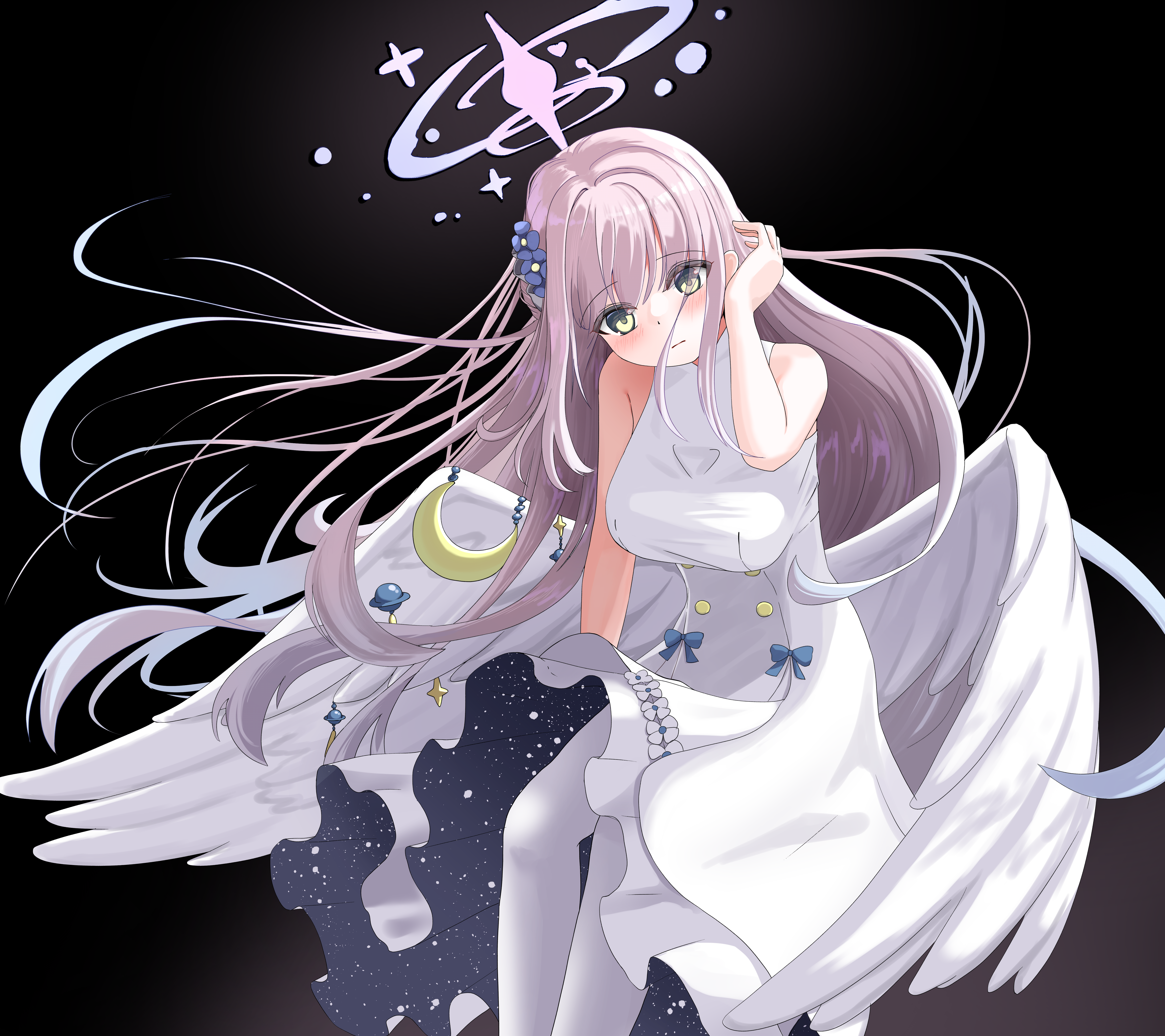 ester1009, mika (blue archive), blue archive, absurdres, highres, 1girl, angel wings, black background, blush, buttons, closed mouth, crescent, dress, eyes visible through hair, feathered wings, flower, hair between eyes, hair flower, hair ornament, halo, looking at viewer, low wings, pantyhose, pink hair, pink halo, simple background, sleeveless, sleeveless dress, solo, white dress, white pantyhose, white wings, wings, yellow eyes