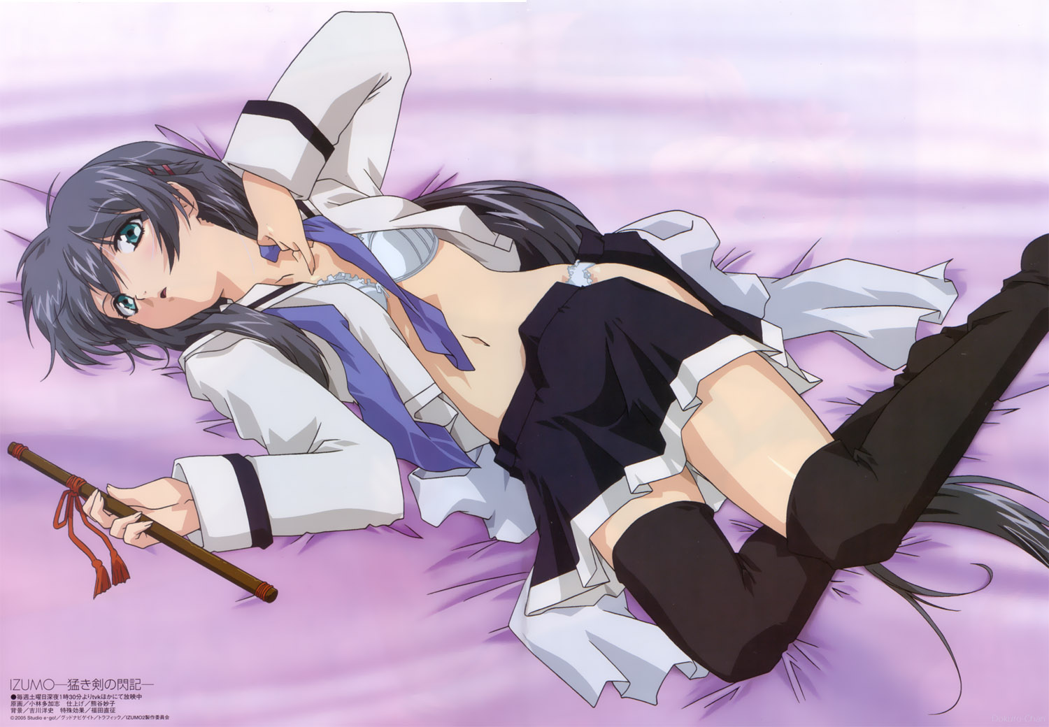kobayashi takashi, shiratori kotono, izumo, izumo 2, megami magazine, 1girl, blush, bra, female focus, green eyes, grey hair, lingerie, midriff, navel, open clothes, open shirt, panties, pantyshot, ribbon, school uniform, serafuku, shirt, solo, thighhighs, underwear, undressing, zettai ryouiki