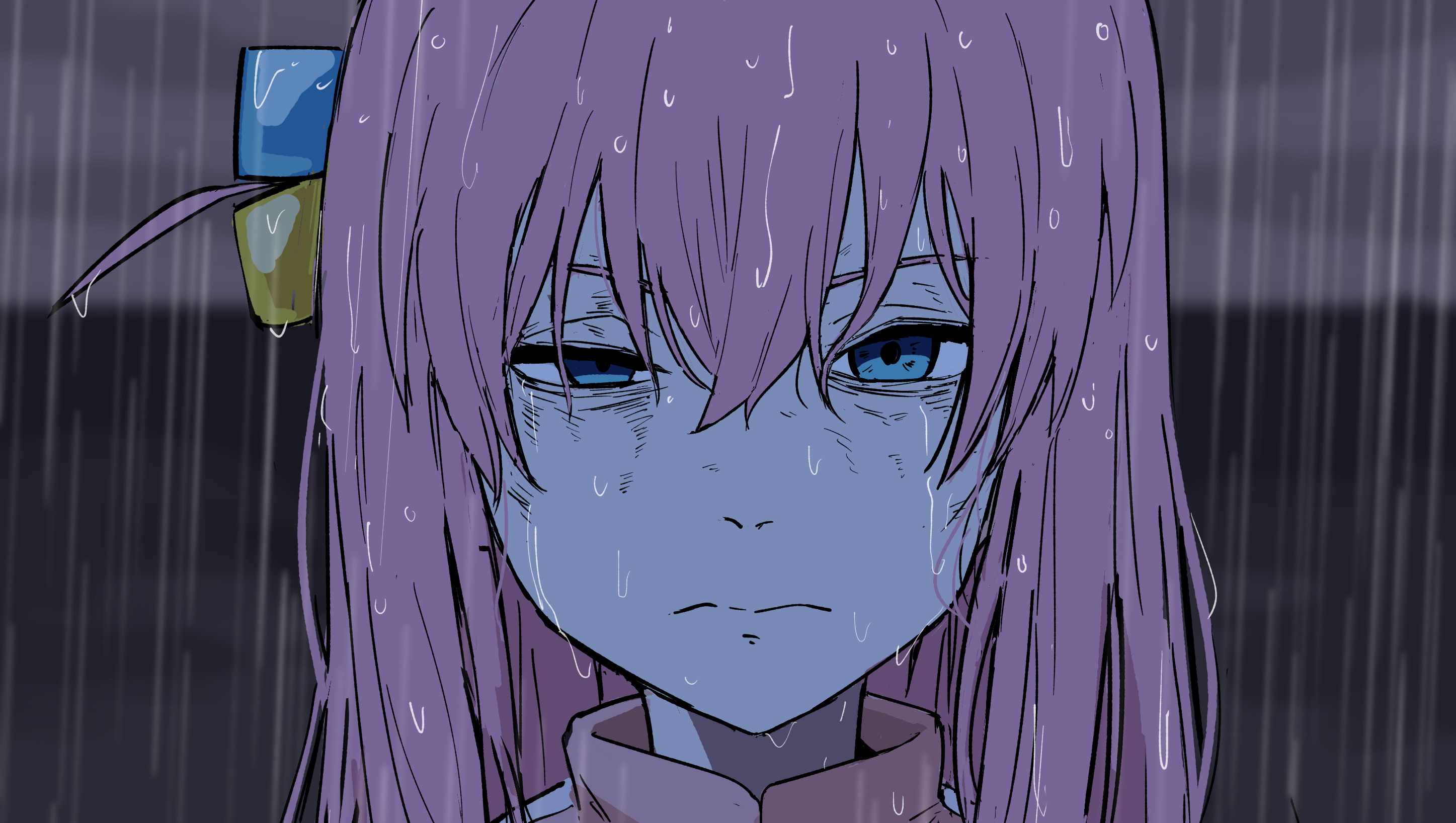 tenten (chan4545), gotoh hitori, bocchi the rock!, highres, 1girl, blue eyes, cube hair ornament, hair between eyes, hair ornament, jacket, long hair, long sleeves, looking at viewer, one side up, pink hair, pink jacket, pink track suit, rain, side ahoge, simple background, solo, track jacket, track suit, water drop