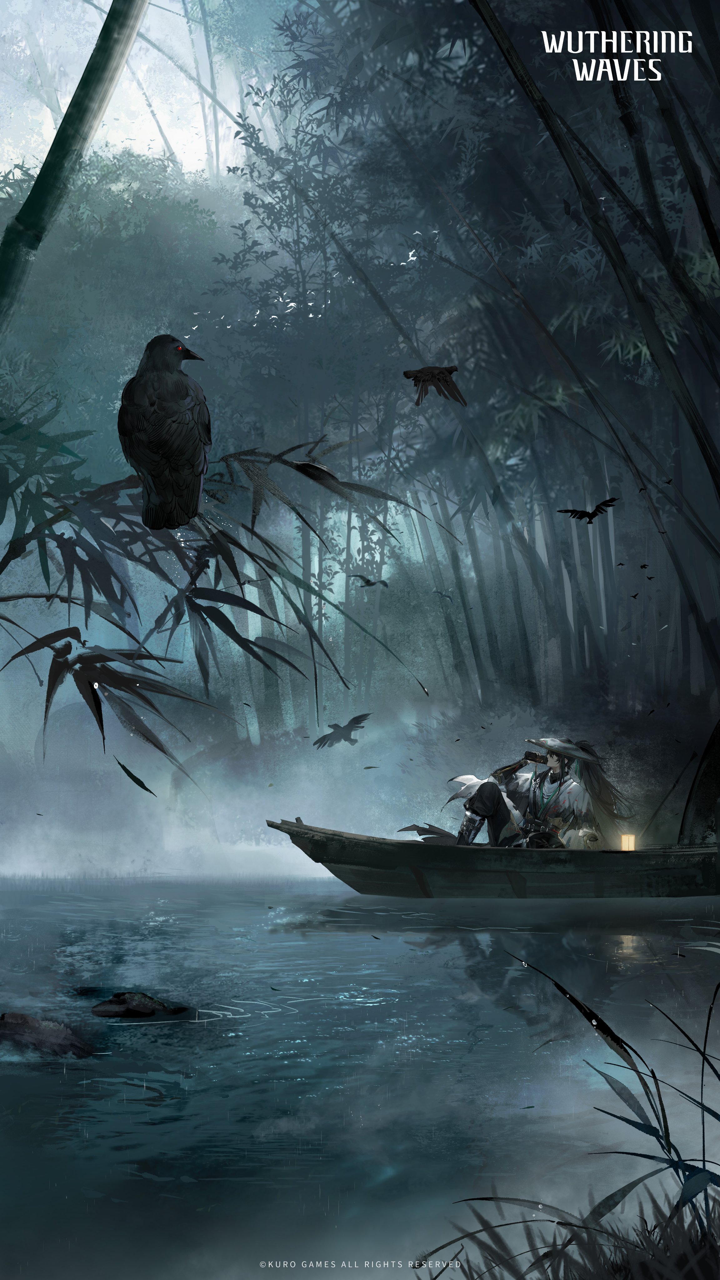 qiuyuan (wuthering waves), wuthering waves, absurdres, commentary, english commentary, highres, official art, 1boy, bird, black bird, black hair, canoe, copyright notice, drinking, logo, long hair, male focus, outdoors, ponytail, solo, wide shot