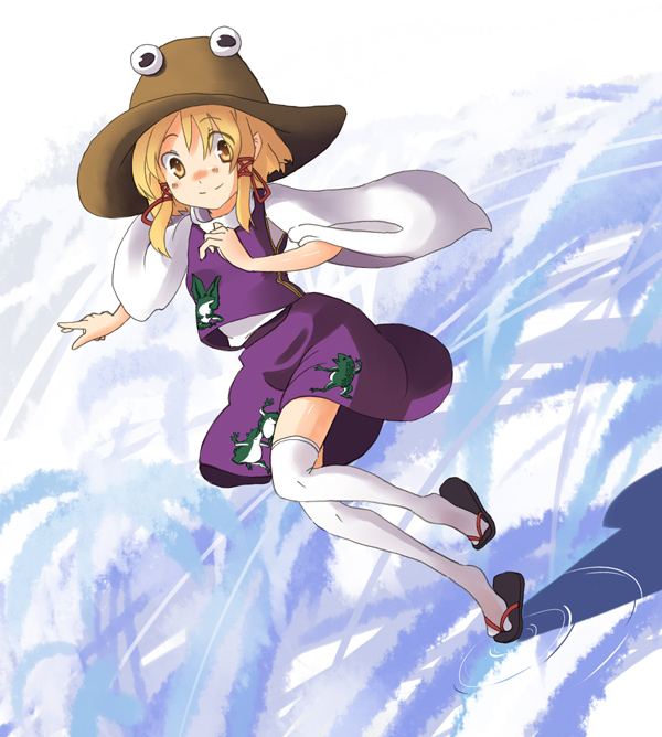 takuzui, moriya suwako, touhou, 1girl, blonde hair, female focus, frog, hat, ripples, sandals, short hair, smile, solo, thighhighs