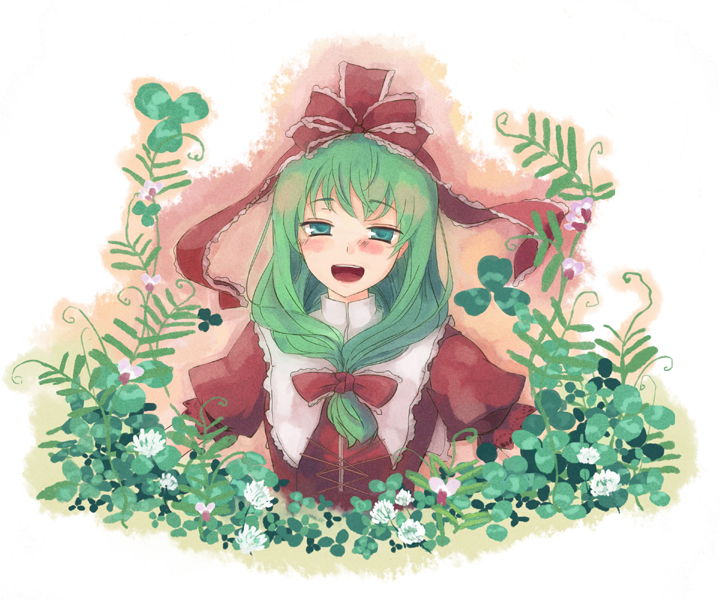 takuzui, kagiyama hina, touhou, 1girl, female focus, green eyes, green hair, hair ribbon, happy, long hair, matching hair/eyes, open mouth, ribbon, smile, solo