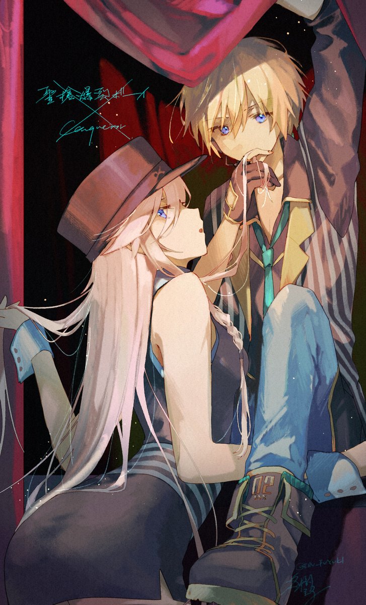 fuyuki eru, ia (vocaloid), kagamine len, kagamine len (holy lancer), cevio, conqueror (cevio), vocaloid, highres, 1boy, 1girl, blonde hair, couple, hetero, pink hair