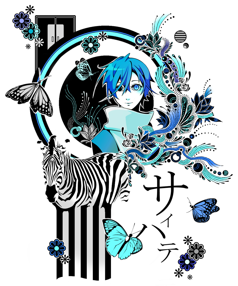 nell26, kaito (vocaloid), saihate (vocaloid), vocaloid, bad id, bad pixiv id, highres, 1boy, blue hair, blue scarf, bug, butterfly, flower, flower symbol, heterochromia, male focus, scarf, solo, zebra