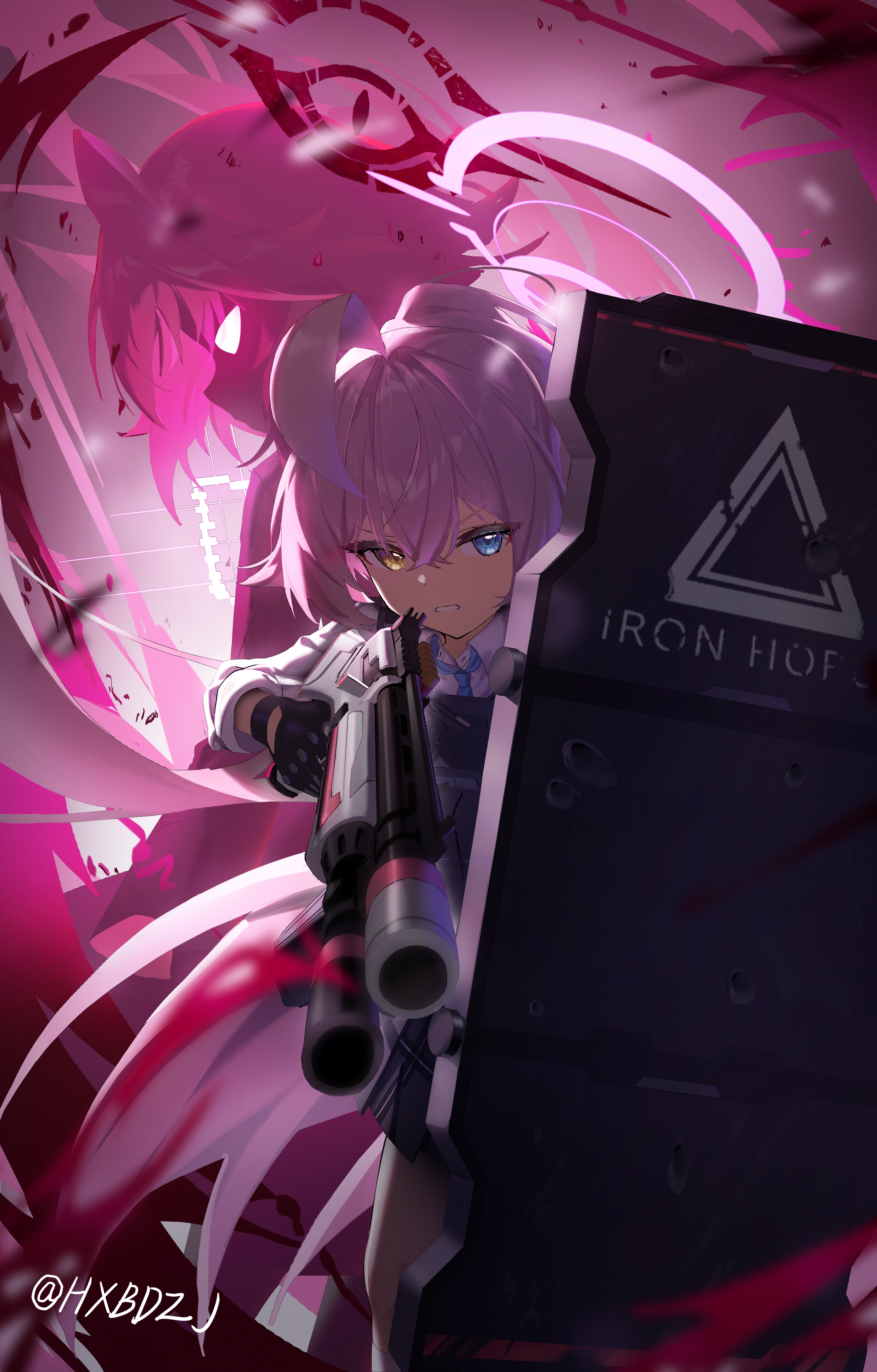 hxbdzj, hoshino (blue archive), blue archive, absurdres, highres, 1girl, ballistic shield, black gloves, blue eyes, gloves, gun, halo, heterochromia, holding, holding weapon, long hair, long sleeves, looking at viewer, pink hair, shield, shirt, shotgun, solo, weapon, white shirt, yellow eyes