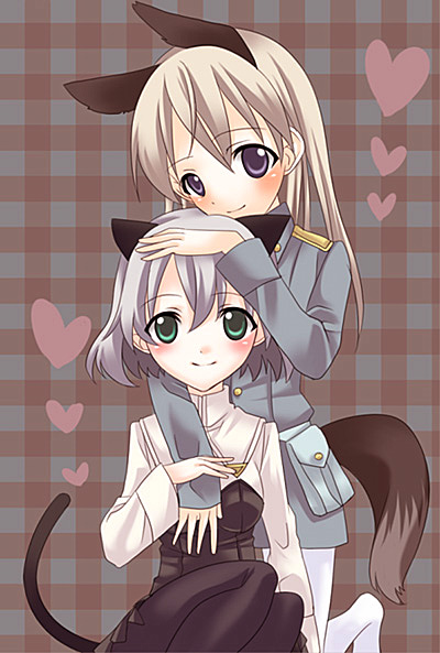 spica (artist), spica (clover4), eila ilmatar juutilainen, sanya v. litvyak, strike witches, world witches series, silver hair, uniform, bad id, bad pixiv id, 00s, 2girls, animal ears, black pantyhose, blue eyes, blush, cat ears, cat tail, couple, green eyes, hug, multiple girls, pantyhose, short hair, tail, white pantyhose, yuri