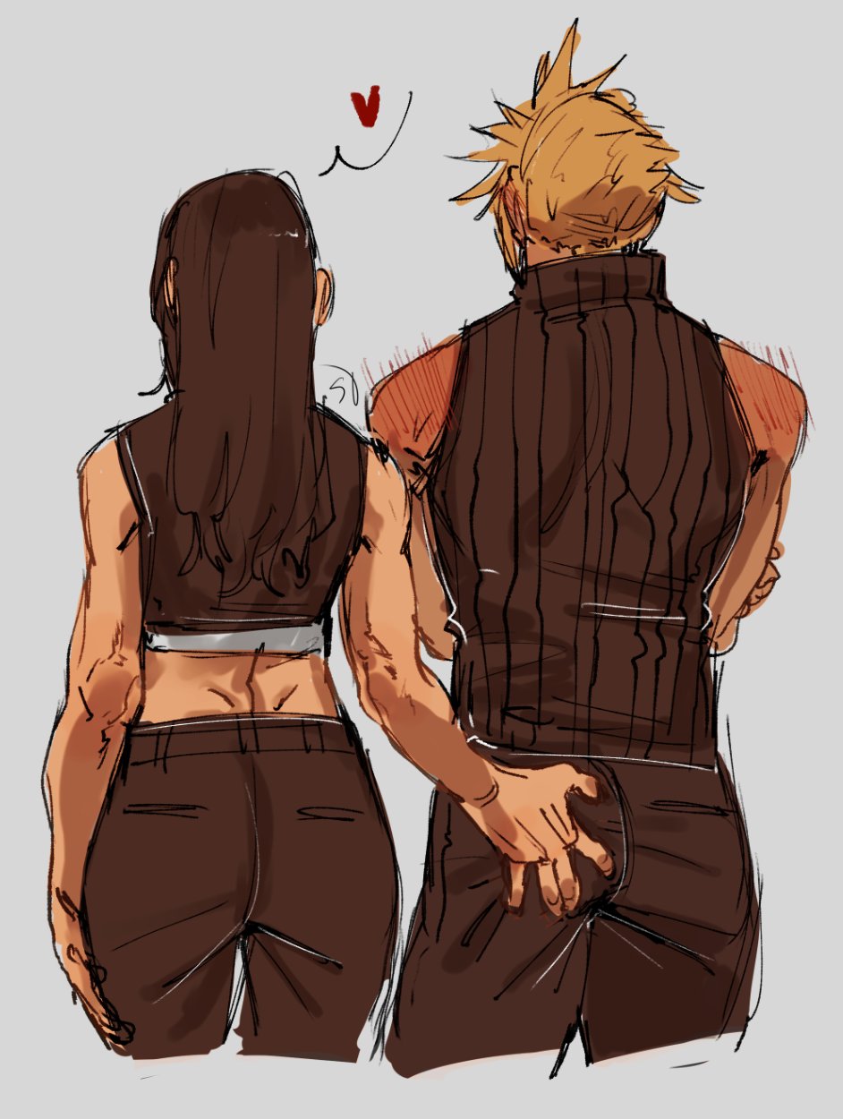 strawderryst, cloud strife, tifa lockhart, final fantasy, final fantasy vii, final fantasy vii advent children, commentary, highres, symbol-only commentary, 1boy, 1girl, assertive female, back, bare arms, black hair, black pants, black shirt, blonde hair, blush, cowboy shot, crop top, crossed arms, from behind, grabbing another's ass, groping, heart, high collar, long hair, midriff, pants, shirt, shoulder blush, signature, simple background, sleeveless, sleeveless shirt, speech bubble, spiked hair, standing, tank top, white background