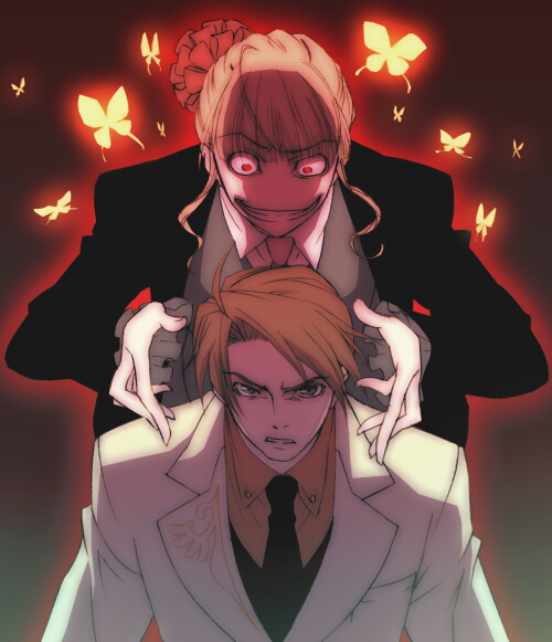 sasa (:disposition), sasakasa, beatrice (umineko), ushiromiya battler, umineko no naku koro ni, bad id, bad pixiv id, 00s, 1boy, 1girl, blonde hair, bug, butterfly, crazy eyes, gloves, insect, jacket, necktie, red eyes, red hair, smile, you gonna get raped
