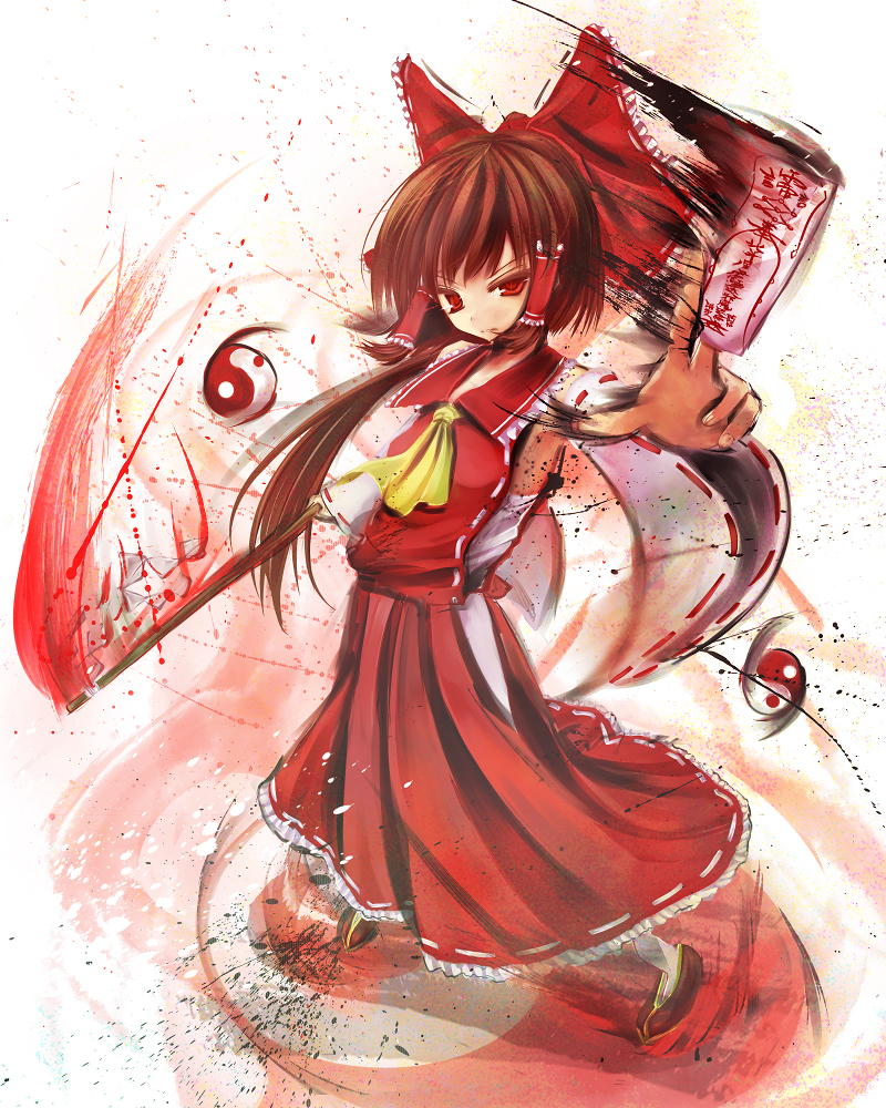 scarlet (studioscr), hakurei reimu, capcom, street fighter, street fighter iv (series), touhou, undefined fantastic object, bad id, bad pixiv id, 1girl, bow, brown hair, detached sleeves, female focus, gohei, hair bow, hair ribbon, ink, japanese clothes, long hair, miko, ofuda, parody, red eyes, ribbon, solo, style parody