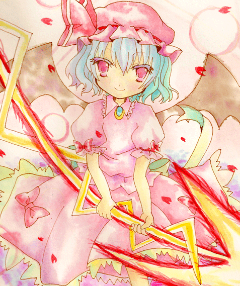 emo (artist), emo (mikan), remilia scarlet, touhou, bad id, bad pixiv id, 1girl, blue hair, female focus, gradient background, hat, red eyes, skirt, solo, weapon, wings