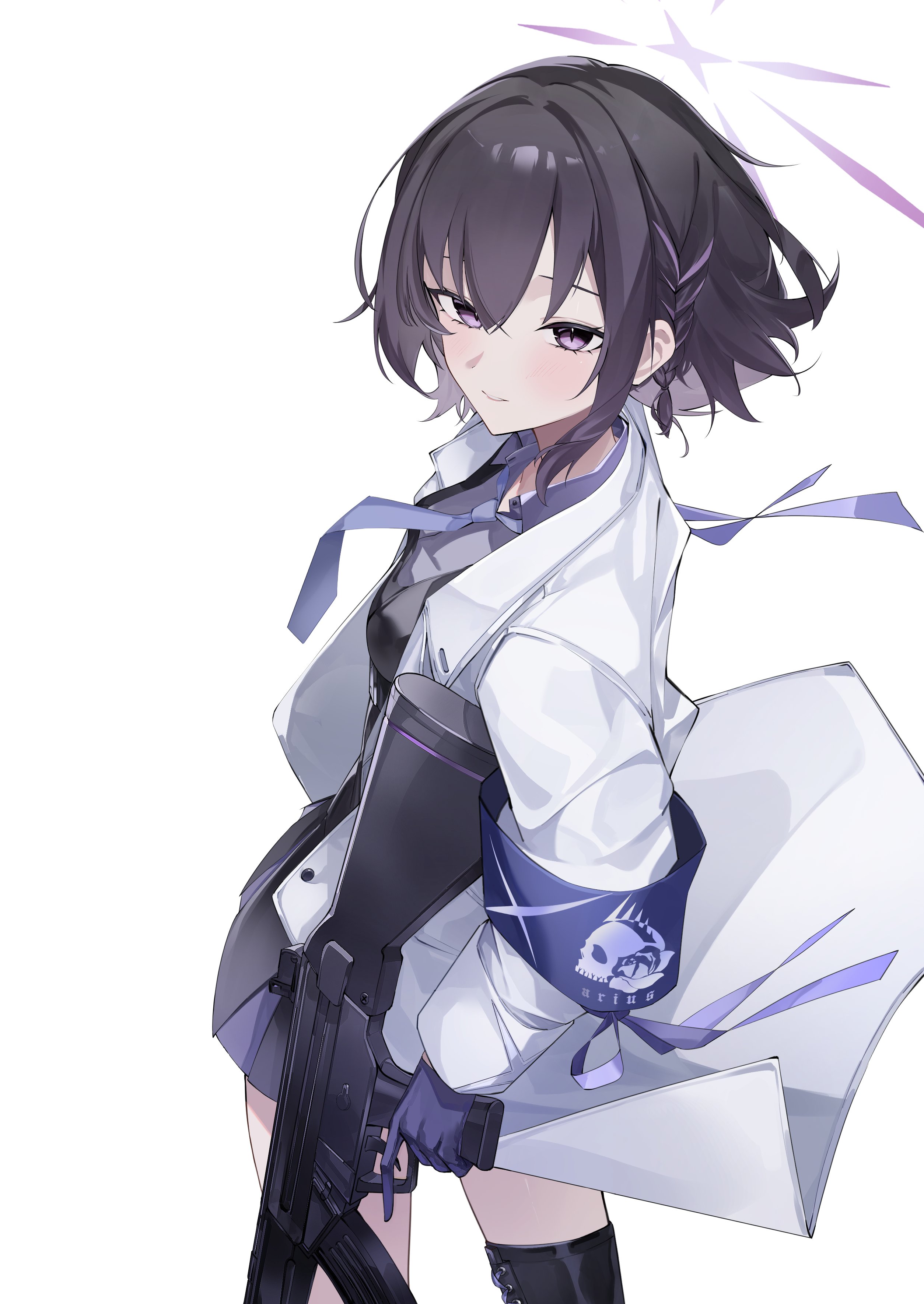 devid (devis515333), subaru (blue archive), blue archive, absurdres, highres, 1girl, armband, black hair, gloves, grey gloves, grey shirt, hair between eyes, halo, lab coat, looking at viewer, medium hair, necktie, purple armband, purple eyes, purple halo, purple necktie, shirt, simple background, solo, thighs, white background