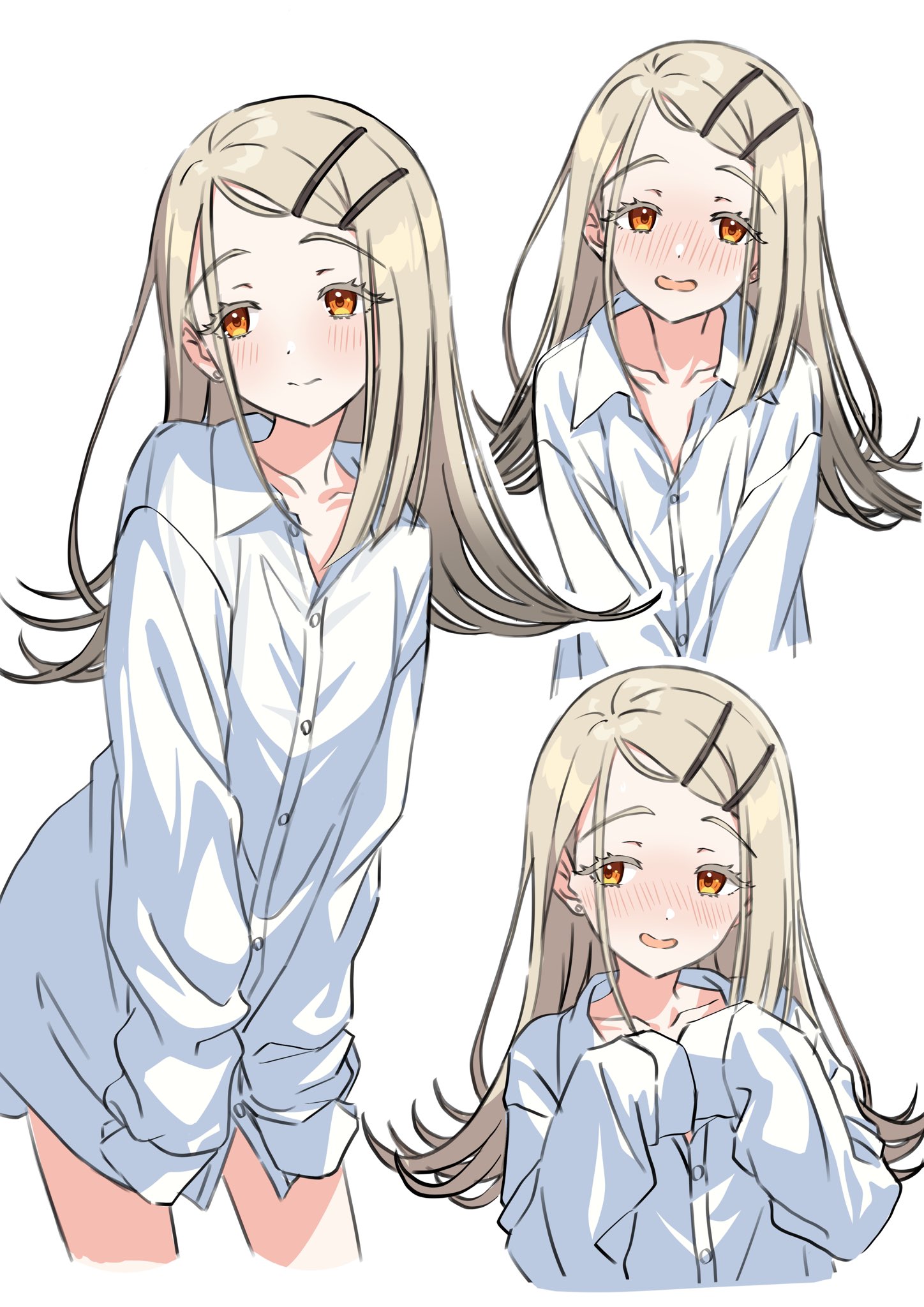 kousuke0912, shinosawa hiro, gakuen idolmaster, idolmaster, commentary request, highres, 1girl, averting eyes, blonde hair, closed mouth, collarbone, collared shirt, colored eyelashes, cowboy shot, cropped legs, cropped torso, dress shirt, earrings, embarrassed, flipped hair, gradient hair, grey hair, hair ornament, hairclip, hands up, jewelry, long hair, long sleeves, looking to the side, multicolored hair, multiple views, naked shirt, open collar, open mouth, orange eyes, oversized clothes, oversized shirt, parallel hairclips, parted bangs, shirt, simple background, sleeves past fingers, sleeves past wrists, stud earrings, upper body, wavy mouth, white background, white shirt