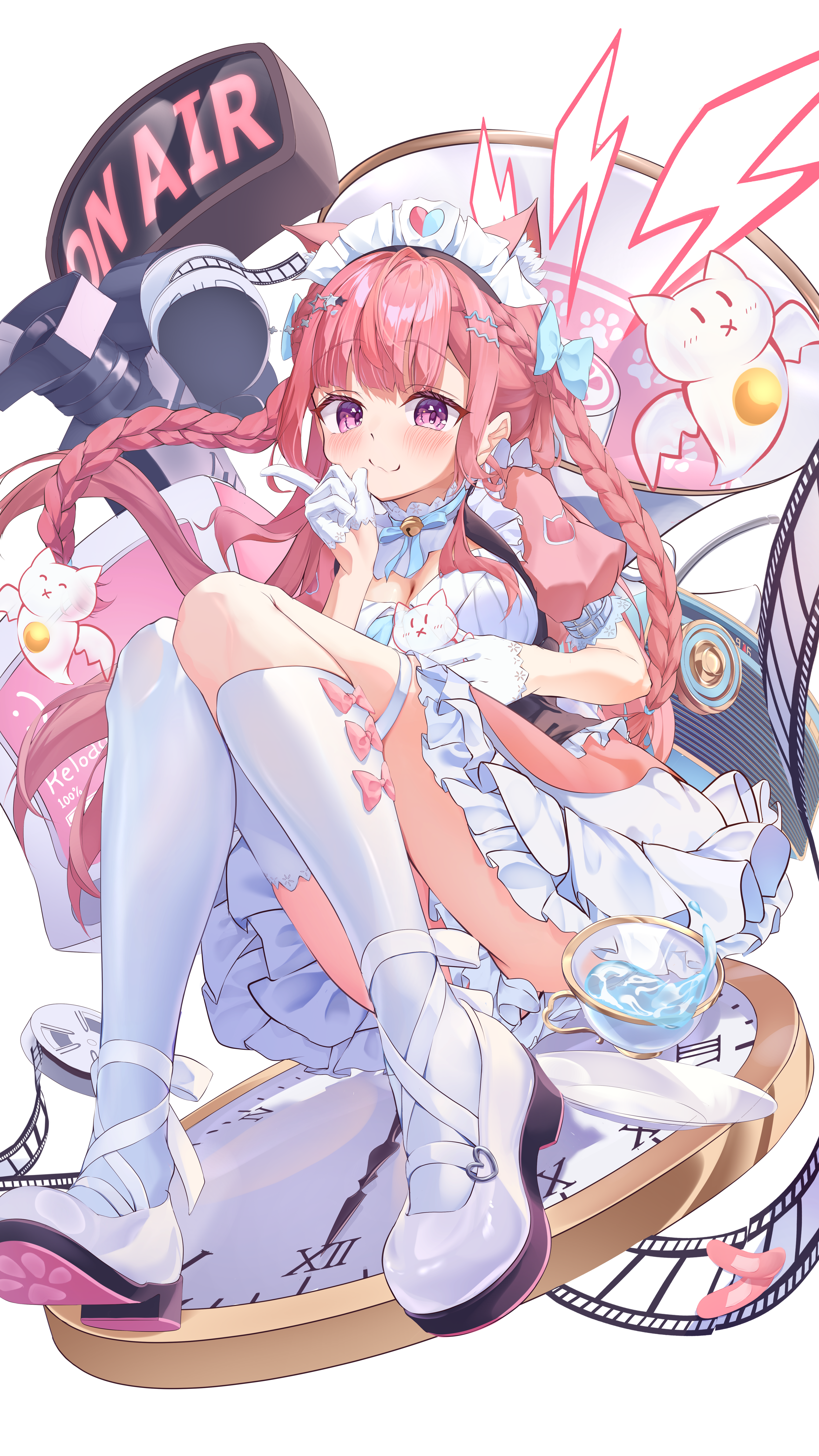recomend aqua, yuuki sakuna, indie virtual youtuber, absurdres, highres, 1girl, animal ears, animal print, bell, blue bow, blue ribbon, blush, bow, bow legwear, braid, breasts, cat ears, cat girl, cat hair ornament, cat print, cleavage, clock, closed mouth, dress, extra ears, gloves, hair bow, hair ornament, hairclip, heart, heart print, index finger raised, jingle bell, knees up, large breasts, long hair, looking at viewer, maid, maid headdress, neck bell, neck ribbon, pink bow, pink dress, pink eyes, pink hair, ribbon, shoes, short sleeves, simple background, single sock, single thighhigh, smile, socks, star (symbol), star hair ornament, suspenders, thighhighs, thighs, two side up, virtual youtuber, white background, white dress, white gloves, white shoes, white socks, white thighhighs