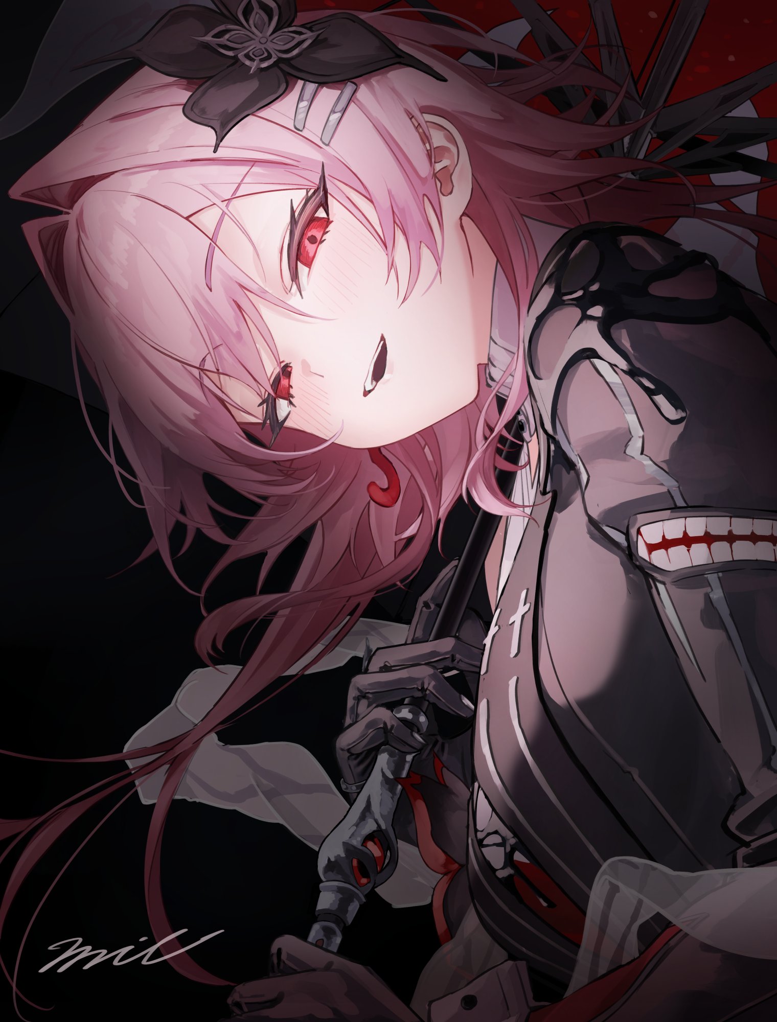 milluun, evernight (honkai: star rail), march 7th (honkai: star rail), honkai: star rail, honkai (series), hashtag-only commentary, highres, 1girl, dress, earrings, flower, gloves, hair flower, hair intakes, hair ornament, hairclip, holding, holding umbrella, jewelry, light blush, long hair, looking at viewer, parallel hairclips, pink hair, red eyes, single earring, smile, teeth, umbrella, upper teeth only, very long hair