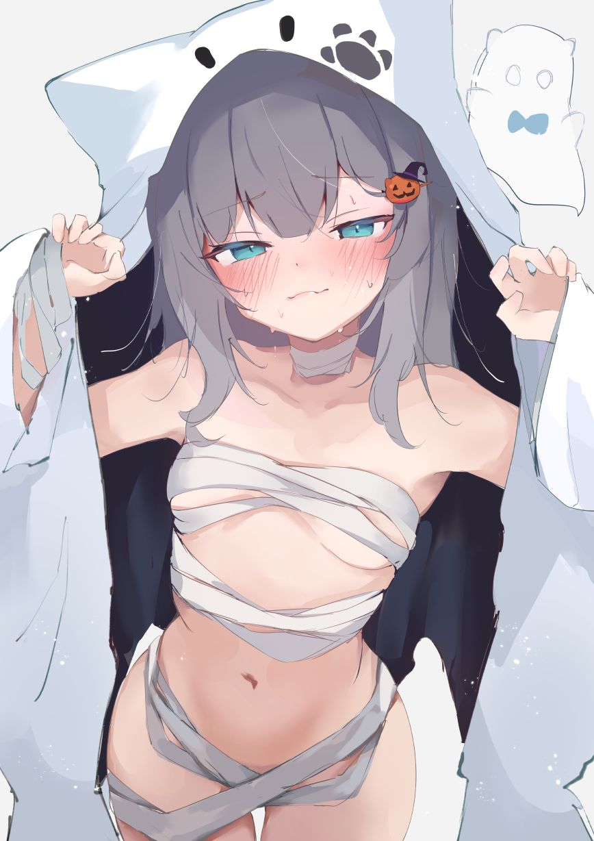 mecha neruko, nachoneko, indie virtual youtuber, highres, 1girl, animal ears, bandages, blush, breasts, cat ears, cat girl, food-themed hair ornament, ghost costume, green eyes, grey hair, hair ornament, halloween, halloween costume, looking at viewer, medium breasts, naked bandage, navel, pumpkin hair ornament, sheet ghost, simple background, small breasts, smile, solo, virtual youtuber, white background