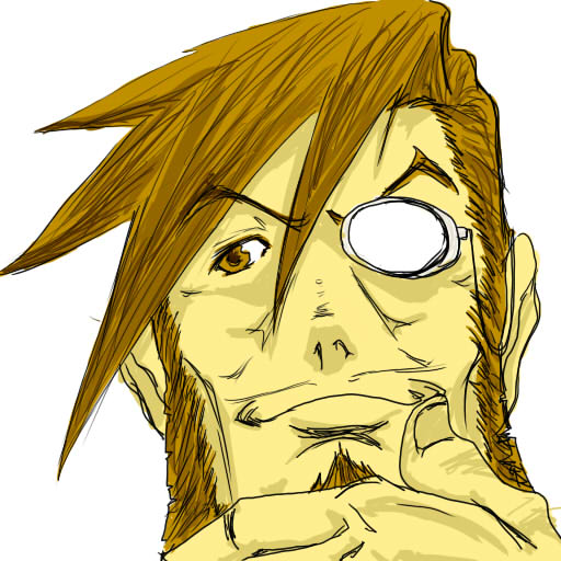 beniimo (goodpotato), slayer (guilty gear), arc system works, guilty gear, 1boy, beard, brown eyes, brown hair, facial hair, male focus, monocle, portrait, simple background, solo, vampire, white background