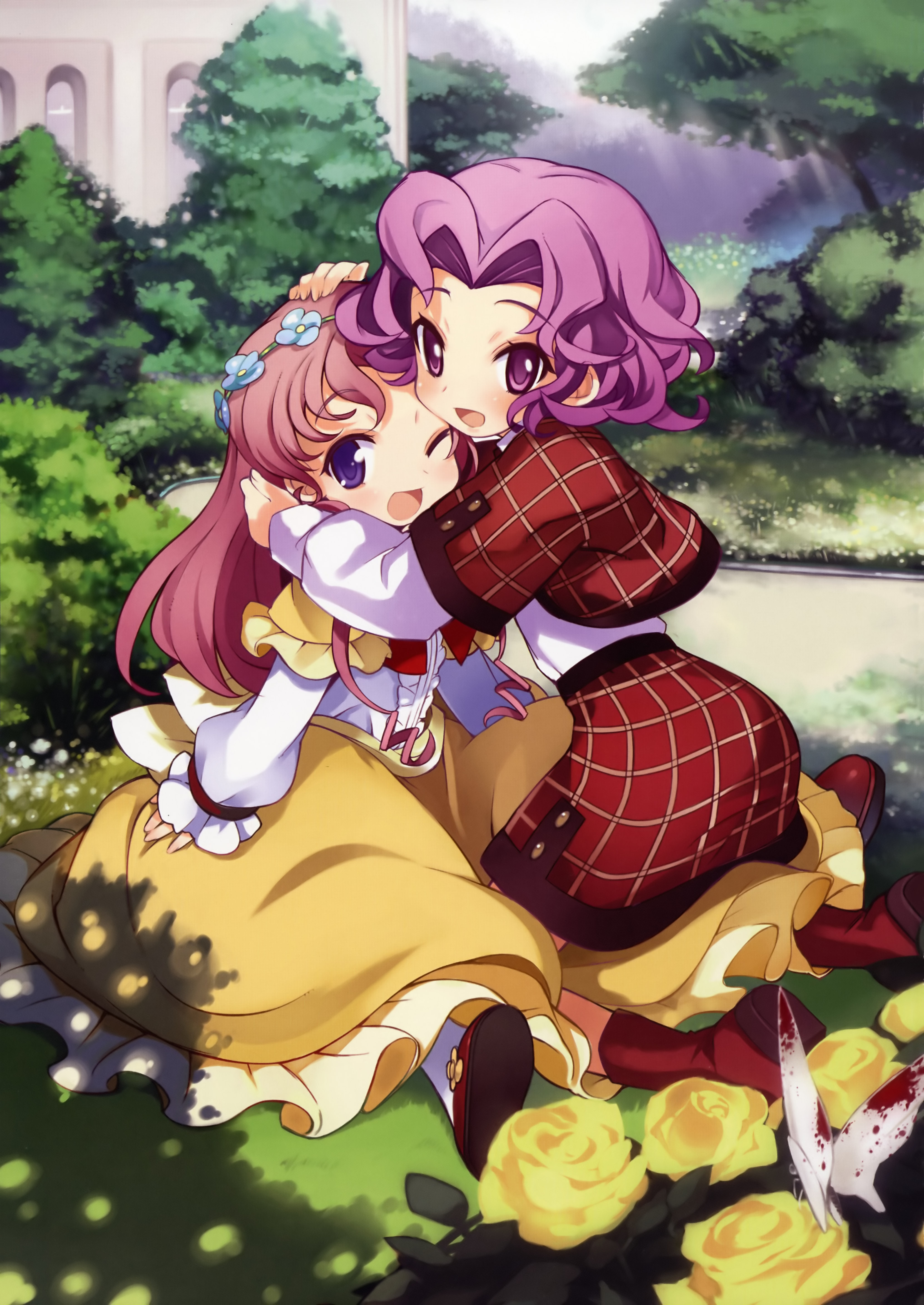 yamamoto keiji, cornelia li britannia, euphemia li britannia, code geass, absurdres, highres, 00s, 2girls, aged down, child, dress, hug, long hair, multiple girls, open mouth, pink hair, purple eyes, purple hair, short hair, siblings, sisters, smile, wink