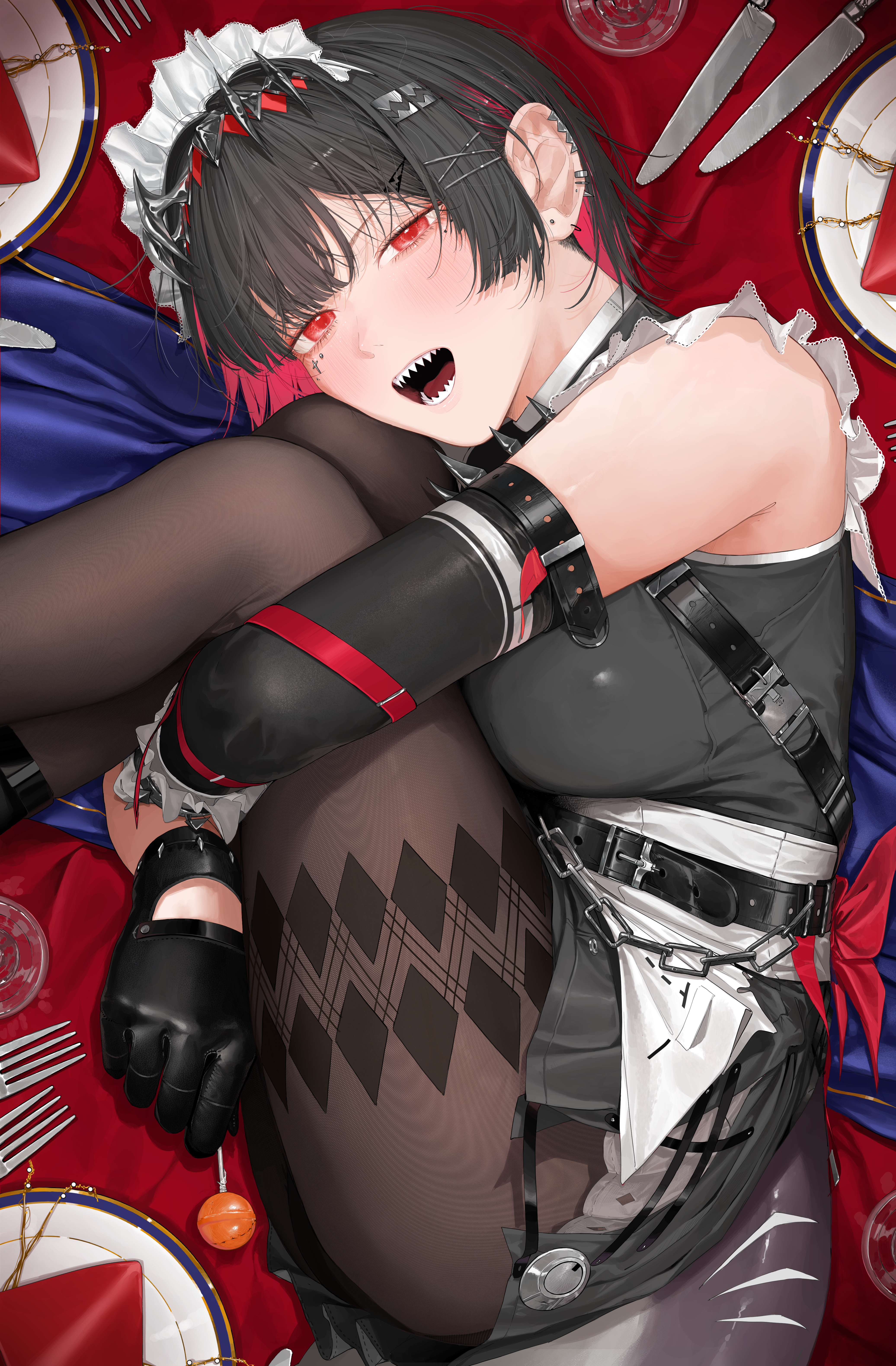 tarutaru (ryousuke), ellen joe, zenless zone zero, absurdres, highres, 1girl, bare shoulders, black gloves, black hair, blush, brown pantyhose, candy, clothing cutout, colored inner hair, cup, detached sleeves, drinking glass, earrings, fins, fish tail, food, fork, frilled wristband, from side, glove cutout, gloves, hairband, holding, holding candy, holding food, holding lollipop, jewelry, knees to chest, knife, lollipop, looking at viewer, lying, maid, maid headdress, metal hairband, mole, mole under eye, multicolored hair, on side, on table, open mouth, pantyhose, patterned legwear, plate, razor blade hair ornament, red background, red eyes, red ribbon, ribbon, scar, scar on tail, shark girl, shark tail, sharp teeth, short hair, solo, spiked headband, table, tablecloth, tail, teeth, utensil