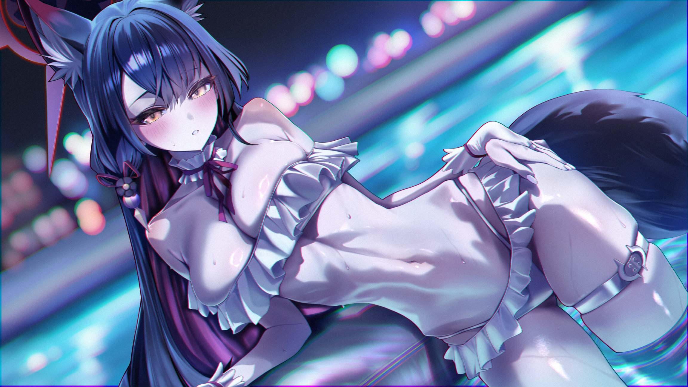 naval cat holiday, wakamo (blue archive), blue archive, highres, 1girl, alternate costume, animal ears, bikini, black hair, blush, breasts, cleavage, fox ears, fox girl, fox tail, frilled bikini, frills, halo, large breasts, long hair, looking at viewer, red halo, solo, stomach, swimsuit, tail, thighs, white bikini, yellow eyes