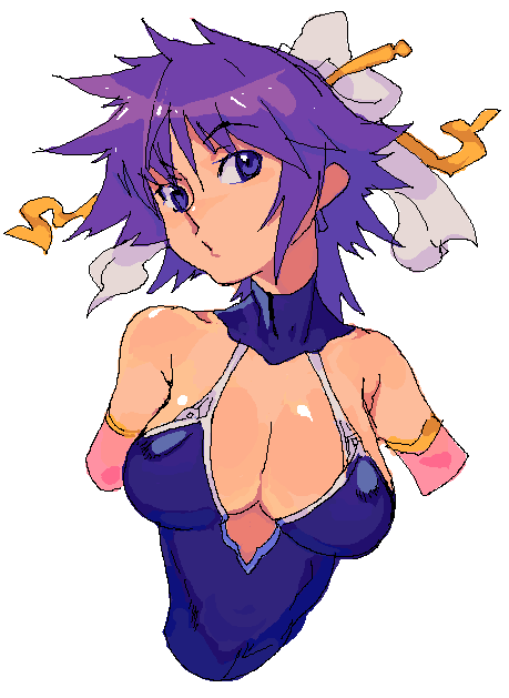 artist request, breasts, large breasts, leotard, nipples, oekaki, purple eyes, purple hair, ribbon, short hair, solo