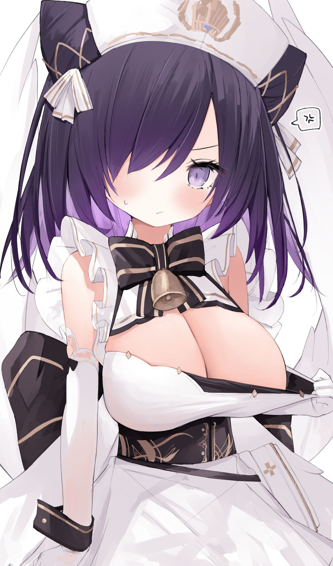 cisyo, jervis (azur lane), azur lane, highres, 1girl, bare shoulders, belt, black belt, black bow, blush, bow, breasts, cleavage, clothes pull, detached collar, dress, dress pull, elbow gloves, gloves, hair over one eye, hat, large breasts, long hair, looking at viewer, purple eyes, purple hair, simple background, solo, white background, white dress, white gloves, white hat, wrist cuffs