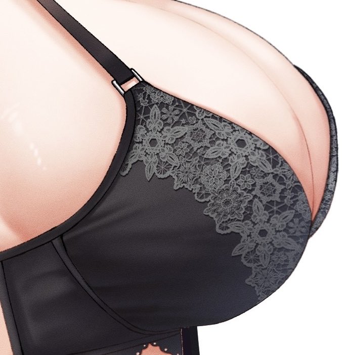 tft (tft7822), original, commentary, 1girl, black bra, bra, breasts, cleavage, close-up, film grain, floral print, floral print bra, from side, large breasts, lingerie, print bra, simple background, solo, underwear, white background