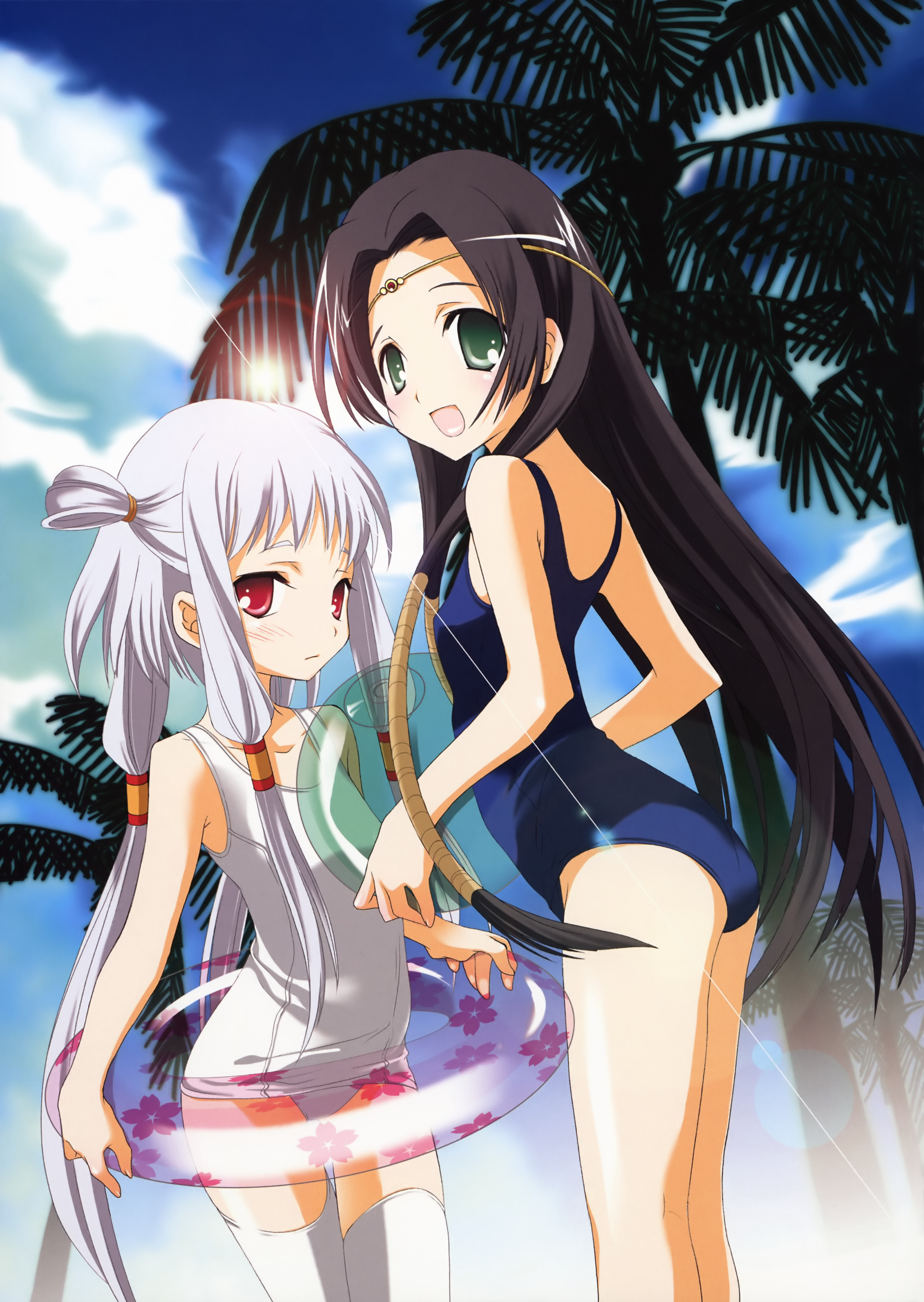 miyashita miki, sumeragi kaguya, tianzi, code geass, absurdres, highres, 00s, 2girls, beach, black hair, child, circlet, day, flat chest, green eyes, innertube, lens flare, long hair, multiple girls, one-piece swimsuit, quad tails, red eyes, school swimsuit, sun, swim ring, swimsuit, thighhighs, very long hair, white hair, white one-piece swimsuit, white school swimsuit, white thighhighs