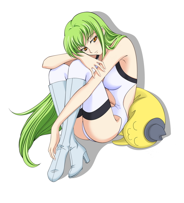 shirley lin, c.c., cheese-kun, code geass, pizza hut, 00s, 1girl, boots, female focus, green hair, high heels, knee boots, long hair, shoes, solo, thighhighs, yellow eyes