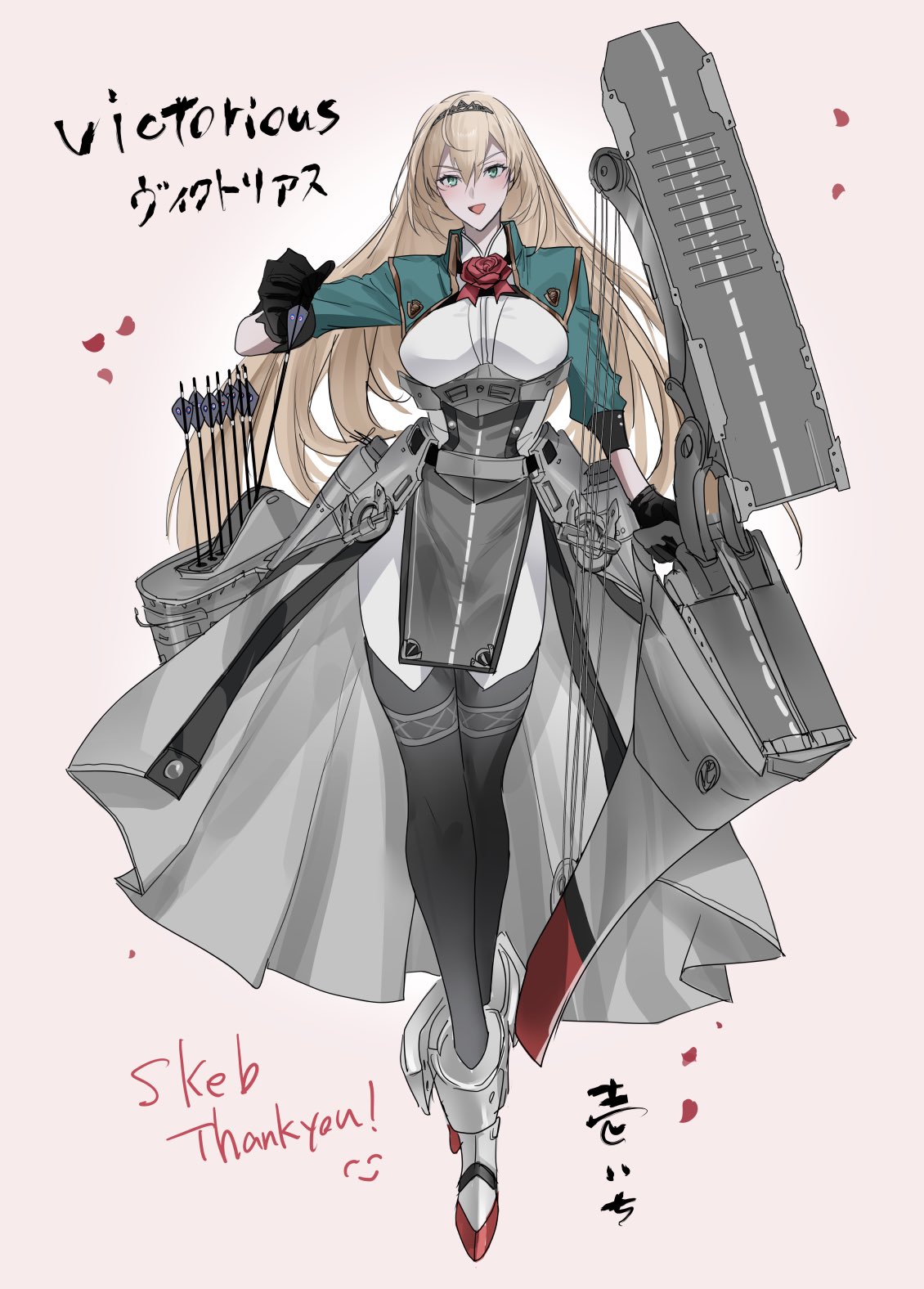 ichimonme (ichi), victorious (kancolle), kantai collection, commentary request, commission, highres, skeb commission, translation request, 1girl, black gloves, blonde hair, blush, bow (weapon), breasts, compound bow, corset, cropped jacket, crown, flower, gloves, green eyes, green jacket, hair between eyes, hairband, jacket, long hair, long sleeves, medium breasts, mini crown, open mouth, overskirt, red flower, red rose, rigging, rose, simple background, solo, tiara, weapon