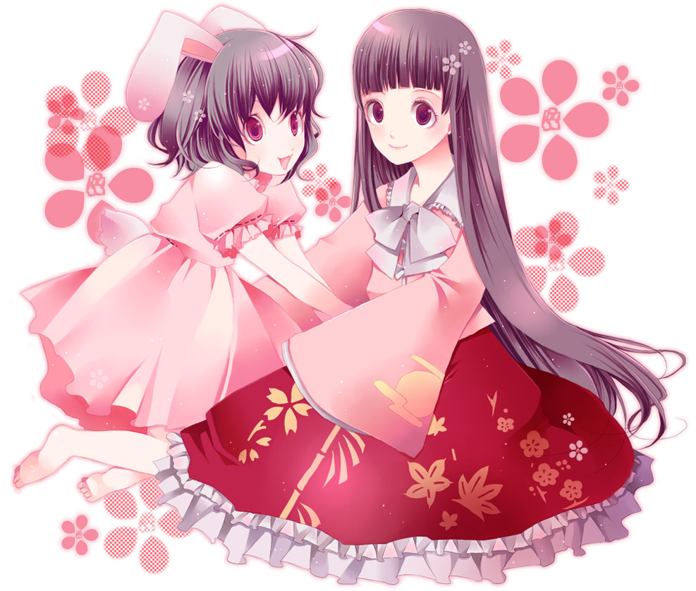 ari (pixiv), arisie, houraisan kaguya, inaba tewi, touhou, 2girls, animal ears, blunt bangs, dress, female focus, long hair, long skirt, looking at viewer, multiple girls, pink dress, puffy short sleeves, puffy sleeves, rabbit ears, red eyes, short sleeves, simple background, skirt, very long hair, white background