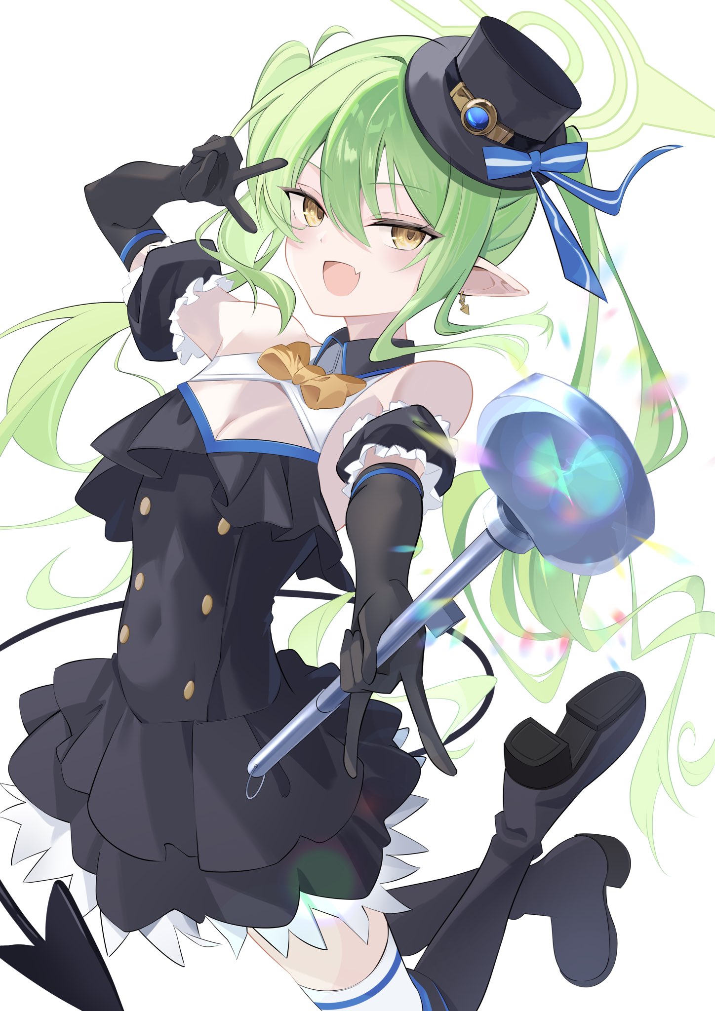 tenki nori, nozomi (blue archive), blue archive, highres, 1girl, :d, n/, alternate costume, arm up, bare shoulders, black boots, black dress, black gloves, black hat, black sleeves, black tail, blue ribbon, boots, bow, bowtie, buttons, cleavage cutout, clothing cutout, covered navel, cowboy shot, demon tail, detached sleeves, diamond cutout, double-breasted, double-parted bangs, dress, earrings, elbow gloves, fang, flat chest, foreshortening, frilled sleeves, frills, gloves, green hair, green halo, hair between eyes, halo, hand up, hat, hat ribbon, holding, holding wand, jewelry, jumping, knee boots, layered dress, lens flare, long hair, looking at viewer, magical girl, mini hat, mini top hat, open mouth, orange bow, orange bowtie, pointy ears, puffy detached sleeves, puffy sleeves, ribbon, shoe soles, short dress, simple background, skin fang, sleeveless, sleeveless dress, smile, tail, tail raised, thighhighs, top hat, traditional bowtie, v, v over eye, very long hair, wand, white background, white thighhighs, wing collar, yellow bow, yellow eyes, zettai ryouiki