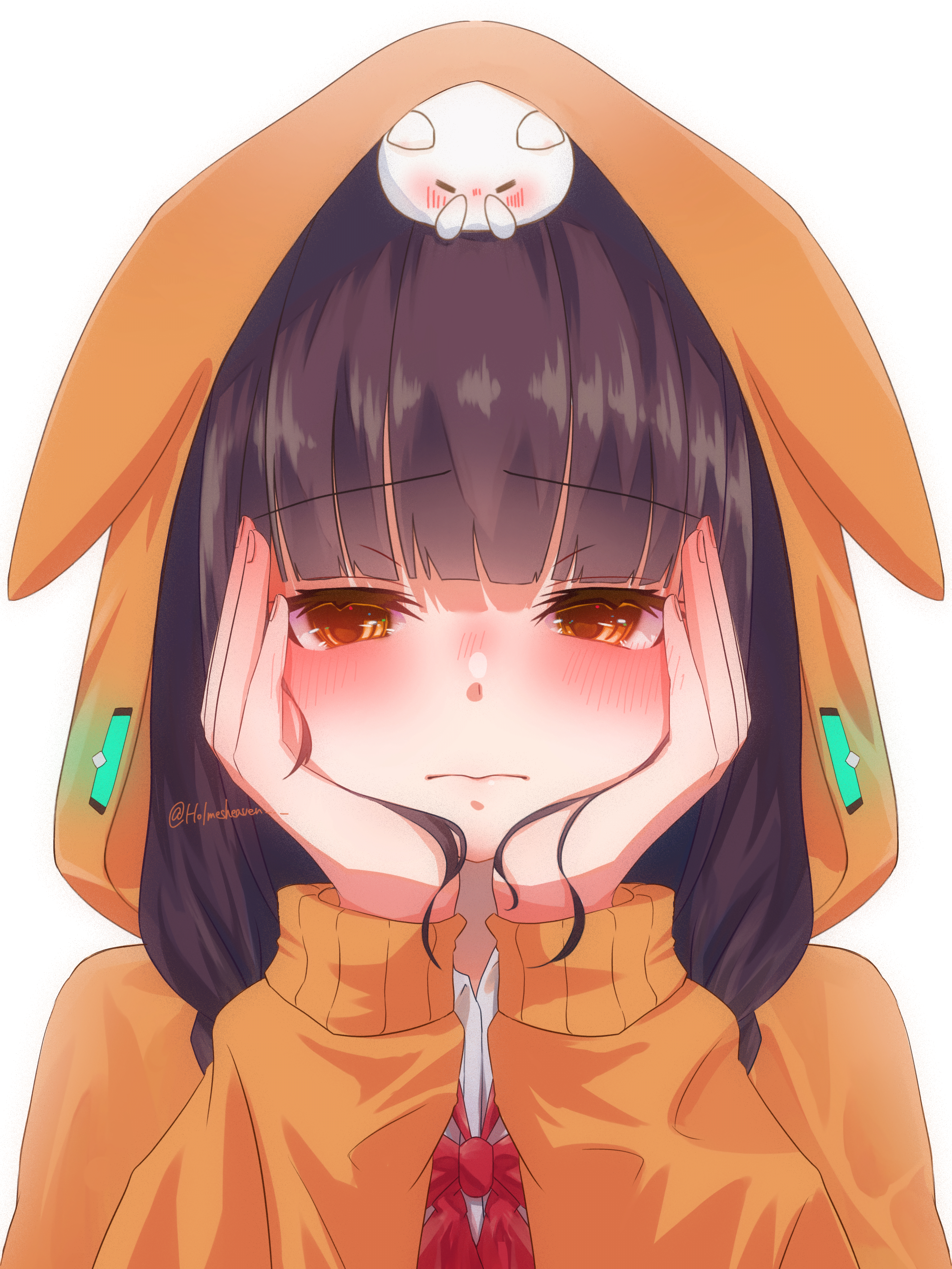 holmes hvbn, asakura karen (heaven burns red), heaven burns red, absurdres, commentary, highres, 1girl, 3:, animal, animal ear hood, animal hood, animal on head, black hair, blush, bow, bowtie, cat, cat hood, cat on head, closed mouth, embarrassed, fake animal ears, hands on own cheeks, hands on own face, hands up, hood, hood up, hooded jacket, hoodie, jacket, long hair, long sleeves, looking at viewer, nose blush, on head, orange hoodie, red bow, red bowtie, simple background, solo, straight-on, twitter username, upper body, white background, yellow eyes
