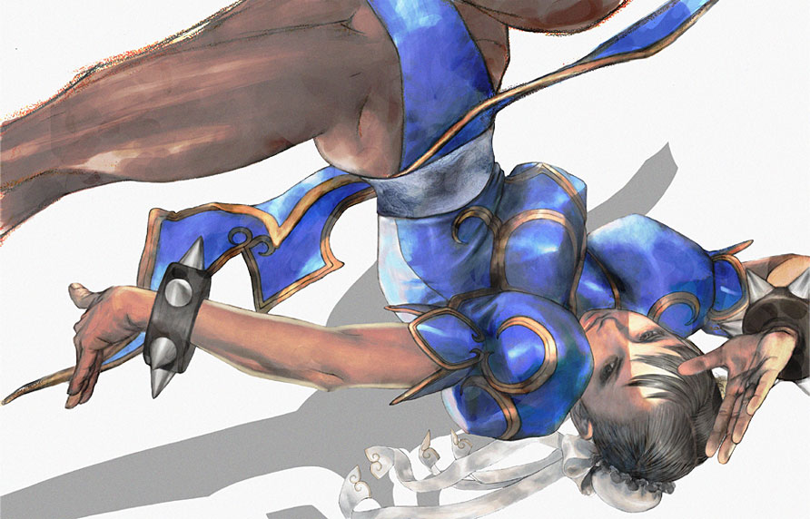 ikeno daigo, yasuda akira, chun-li, capcom, street fighter, scan, 1girl, bracelet, china dress, chinese clothes, dress, female focus, jewelry, kicking, panties, pantyhose, pelvic curtain, solo, spiked bracelet, spikes, spinning bird kick, thick thighs, thighs, underwear, upside-down