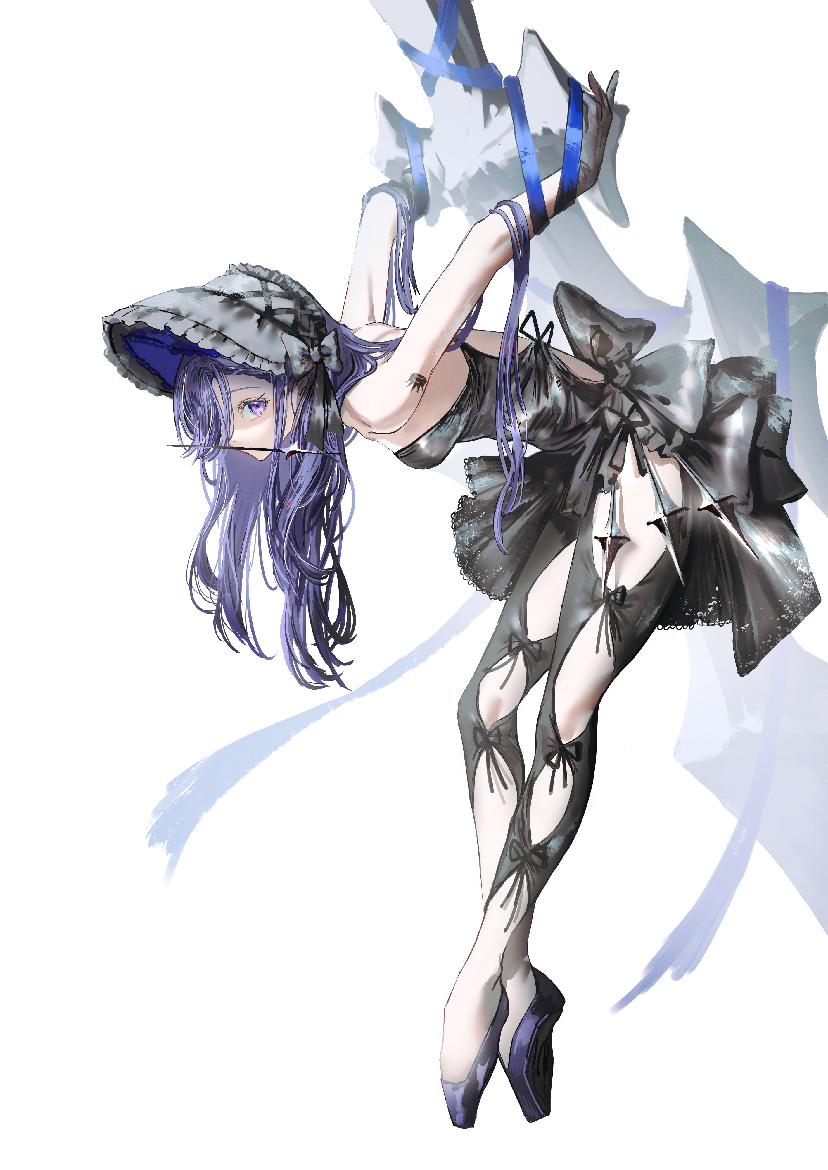 gawako, original, absurdres, commentary, highres, 1girl, arm tattoo, ballet slippers, black bonnet, black dress, black pantyhose, blue ribbon, bonnet, bound, clothing cutout, crown tattoo, dress, full body, gloves, hair over one eye, leaning forward, long hair, mouth hold, pantyhose, pantyhose cutout, purple hair, ribbon, side cutout, solo, tattoo, tied up (nonsexual), tiptoes, tutu
