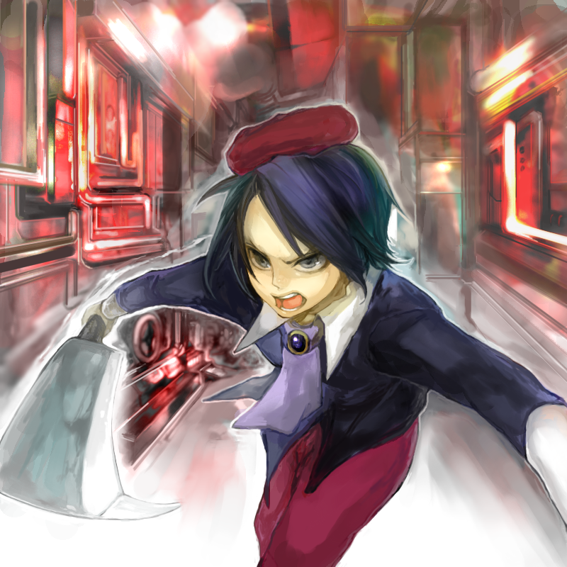 tcb, kanon (umineko), umineko no naku koro ni, bad id, bad pixiv id, 00s, 1boy, beret, billhook, black hair, foreshortening, hashitsuki nata, hat, hatchet, male focus, nata (tool), solo