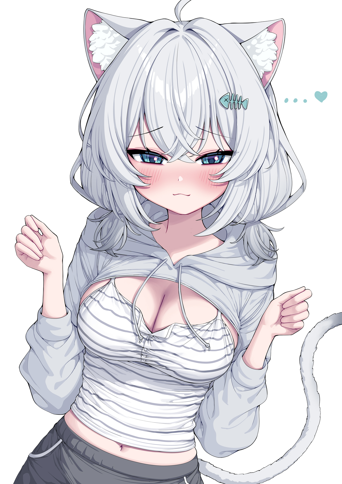 metaljelly, nachu (vtuber), indie virtual youtuber, highres, 1girl, animal ears, black pants, blush, breasts, cat ears, cat girl, cat tail, cleavage, cropped jacket, fish hair ornament, grey jacket, hair ornament, hood, hooded jacket, jacket, large breasts, long hair, looking at viewer, low twintails, pants, shirt, short twintails, shrug (clothing), simple background, smile, solo, striped clothes, striped shirt, tail, twintails, white background, white hair, white shirt